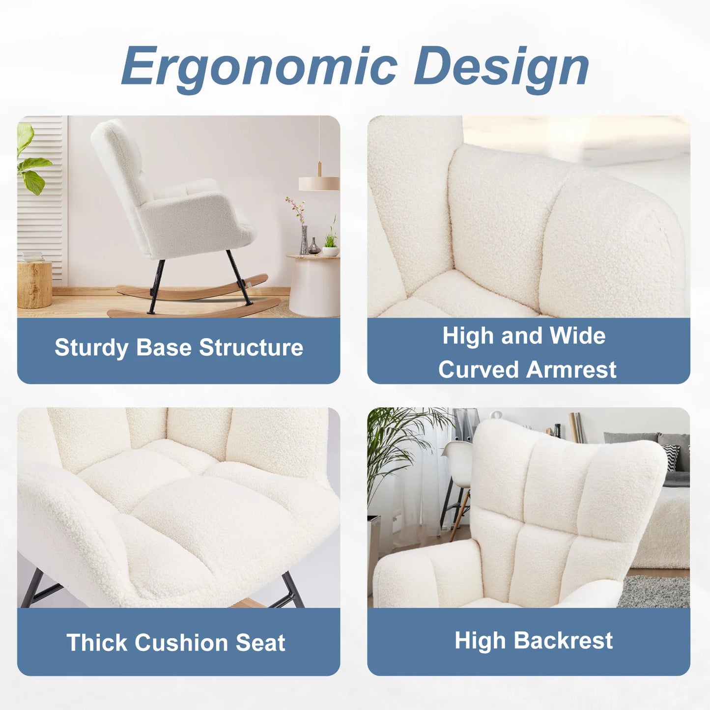 IComfyHome Teddy Fabric Upholstered Glider With High Backrest Padded Seat Accent Recliner Cushion Rocker Armchair Bedroom Furniture