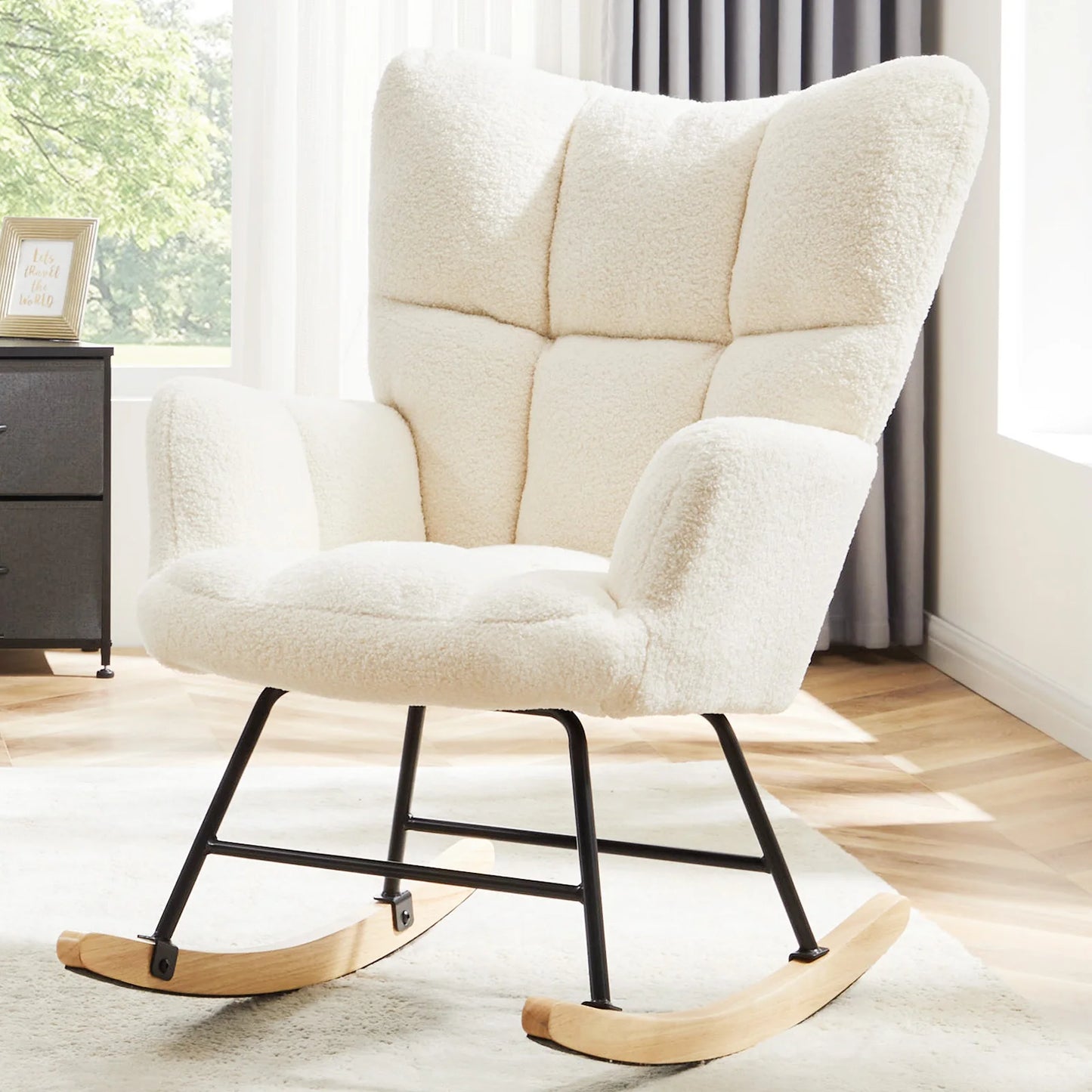 IComfyHome Teddy Fabric Upholstered Glider With High Backrest Padded Seat Accent Recliner Cushion Rocker Armchair Bedroom Furniture