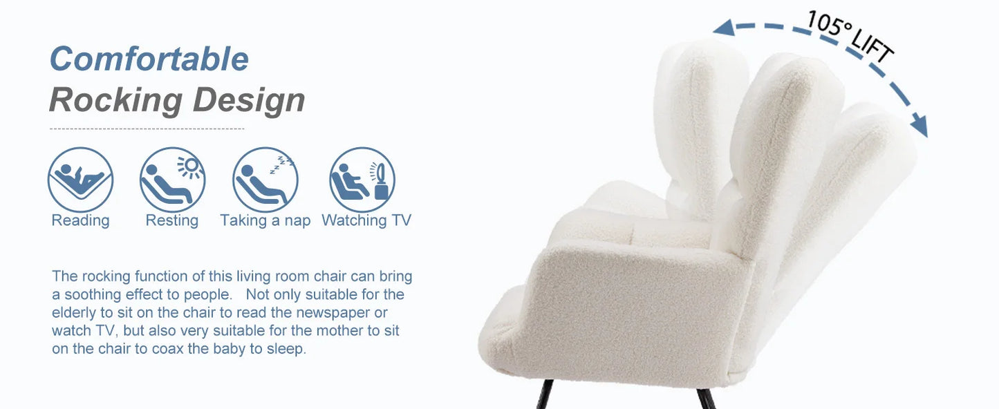IComfyHome Teddy Fabric Upholstered Glider With High Backrest Padded Seat Accent Recliner Cushion Rocker Armchair Bedroom Furniture