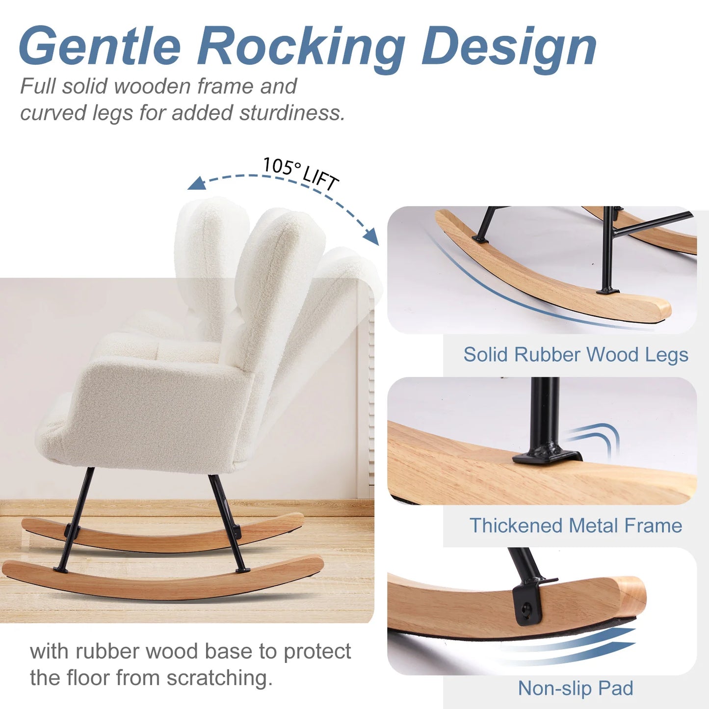 IComfyHome Teddy Fabric Upholstered Glider With High Backrest Padded Seat Accent Recliner Cushion Rocker Armchair Bedroom Furniture