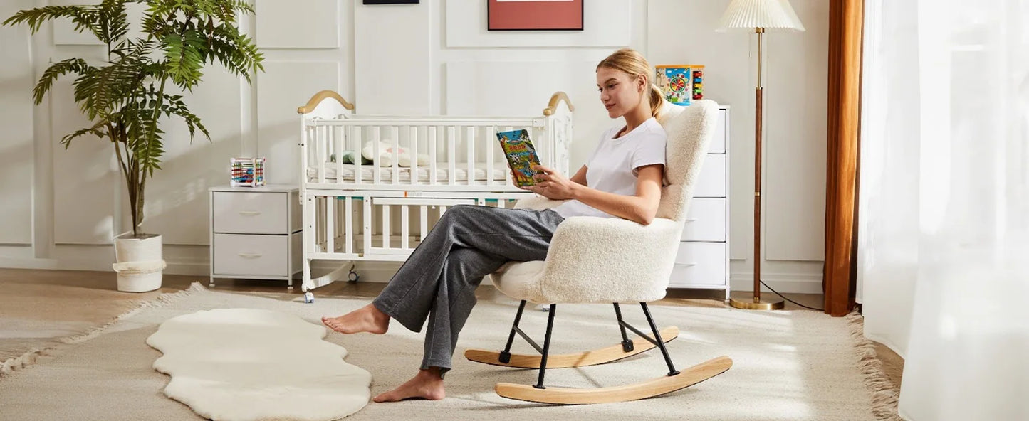 IComfyHome Teddy Fabric Upholstered Glider With High Backrest Padded Seat Accent Recliner Cushion Rocker Armchair Bedroom Furniture