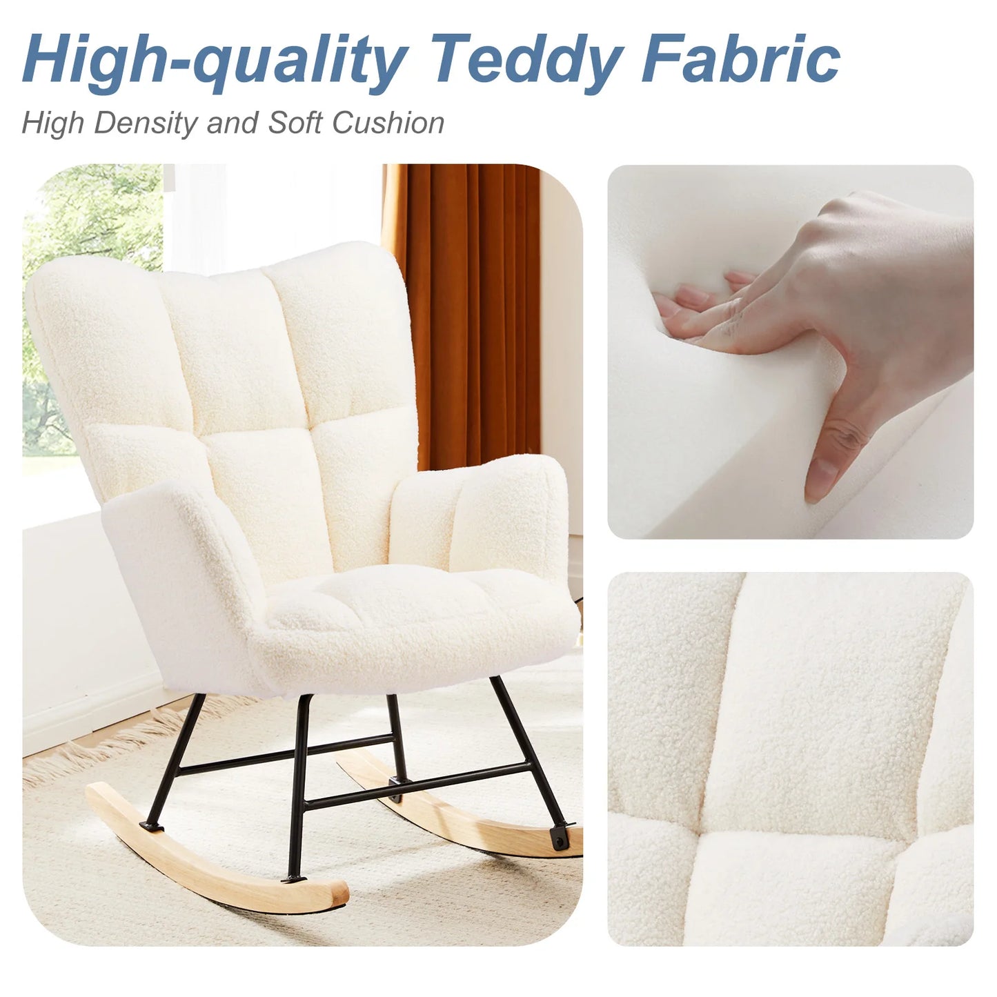 IComfyHome Teddy Fabric Upholstered Glider With High Backrest Padded Seat Accent Recliner Cushion Rocker Armchair Bedroom Furniture