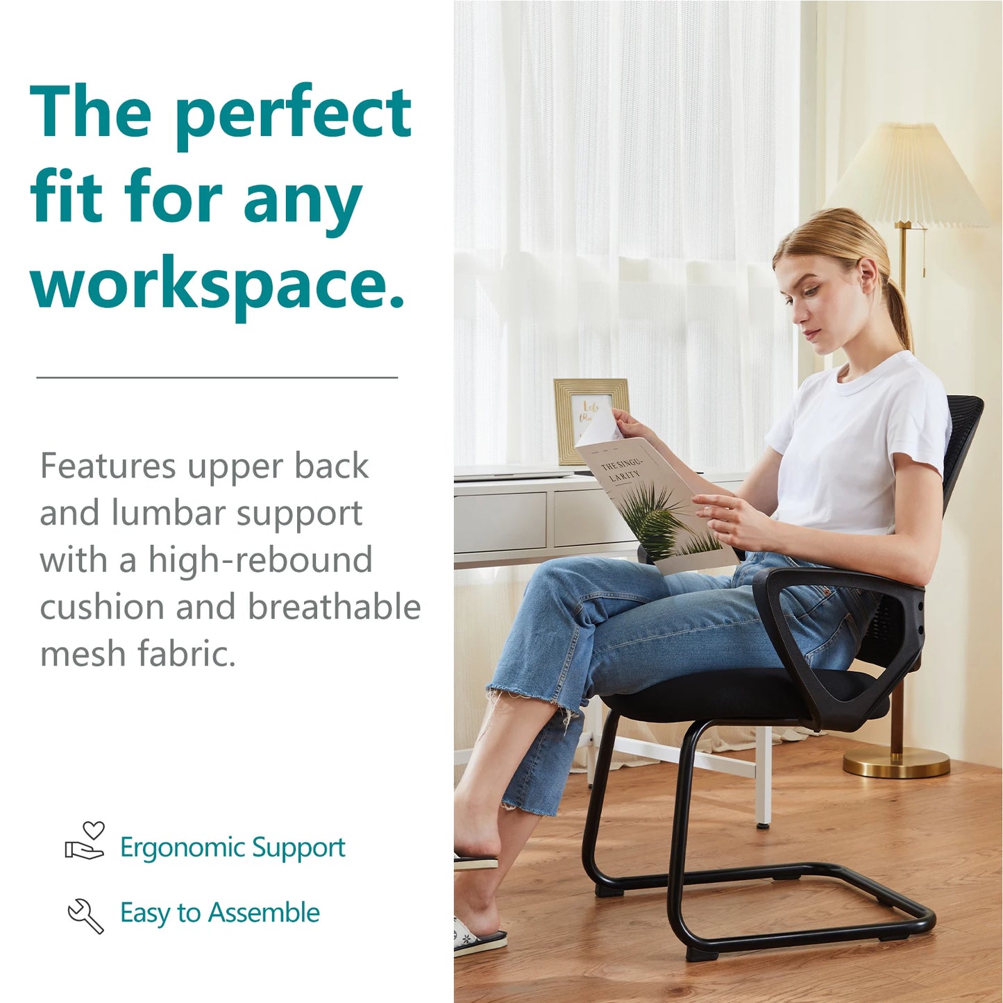 IComfyHome Ergonomic Office Chair No Wheels with Comfy Armrest and Mesh Lumbar Support Back Basket Design for Guest Reception