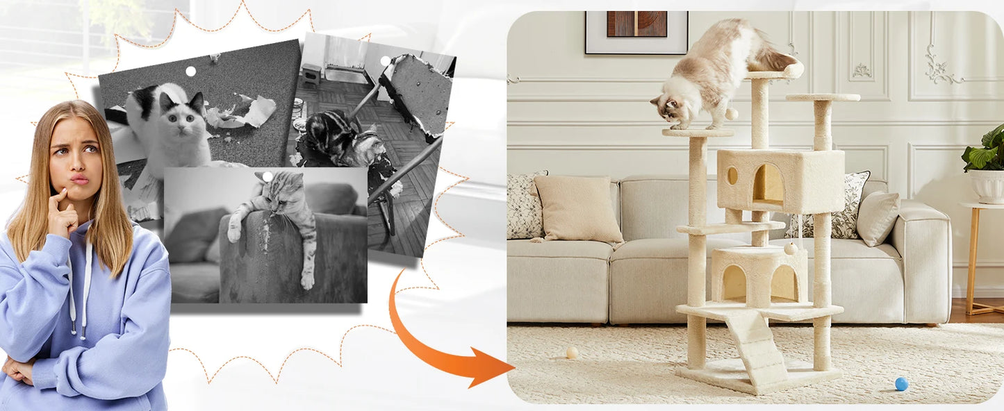 IComfyHome 54in Tall Multi-Level Cat Tree Tower for Indoor Pet Furniture Stable Kitty Play House with Sisal Scratching Post for Home