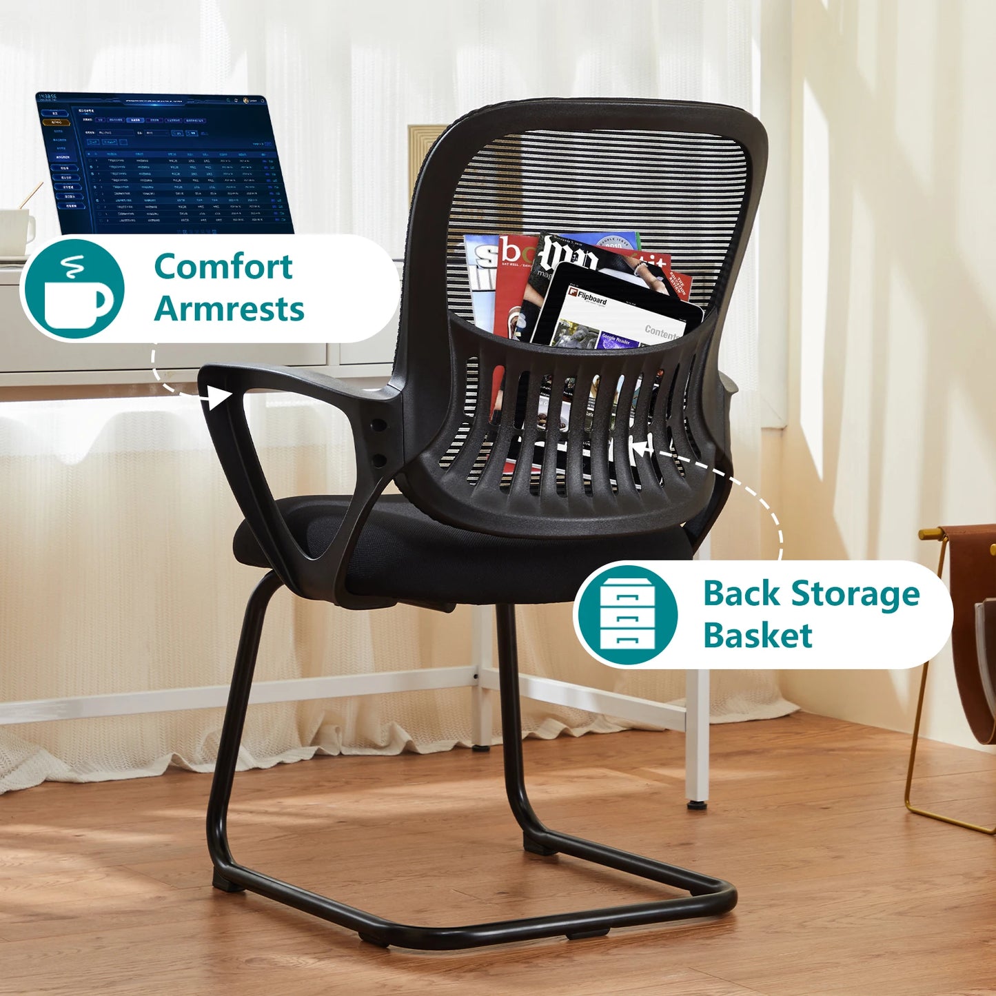 IComfyHome Ergonomic Office Chair No Wheels with Comfy Armrest and Mesh Lumbar Support Back Basket Design for Guest Reception