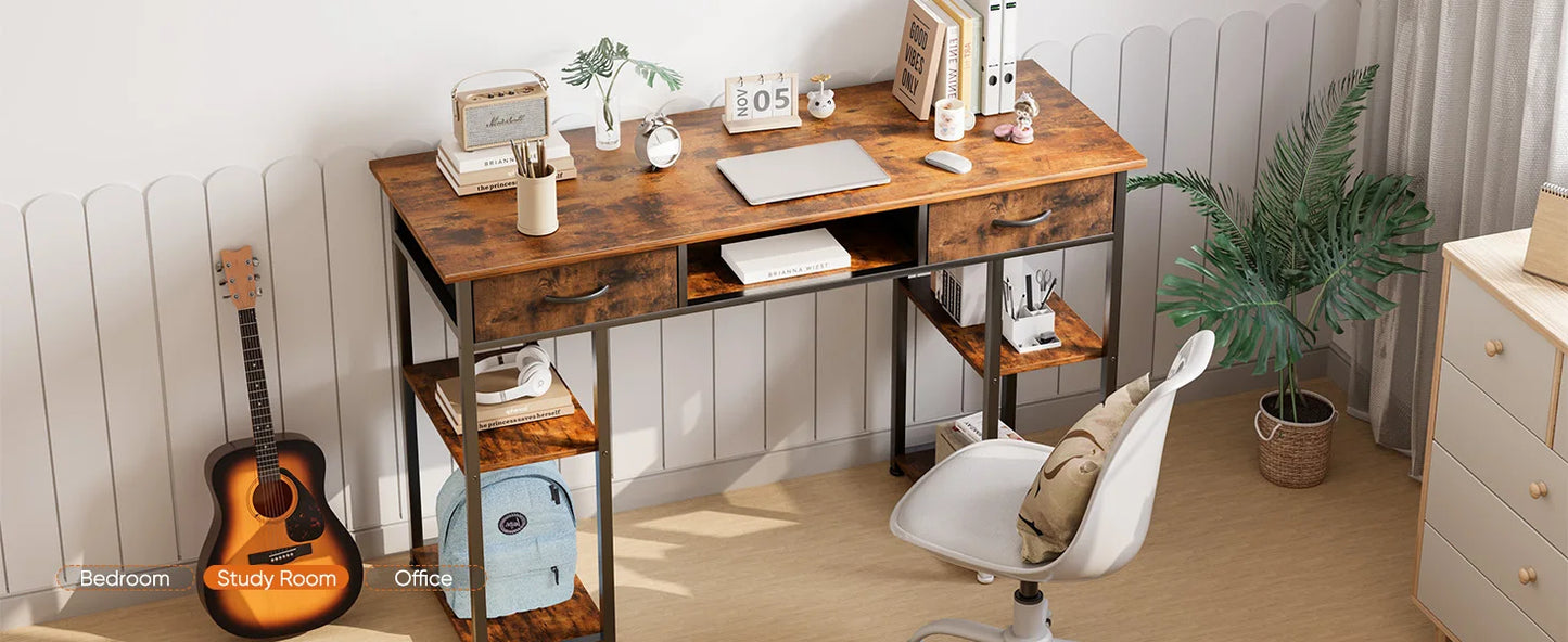 IComfyHome 48 Inch Double Deck Shelving Office Computer Desk with Pull-out Fabric Storage Drawers Metal Frame Adjustable Feet Table 