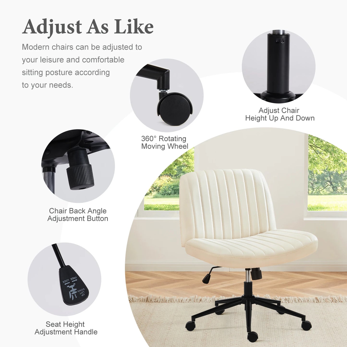 IComfyHome Armless Cross Office Chairs with Wheels PU Leather Swivel Living Room Desk Chair Height Adjustable Support Seat Furniture