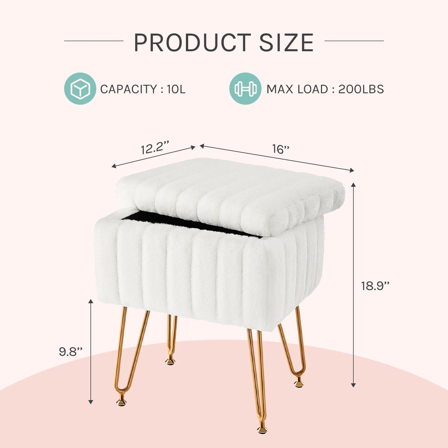 IComfyHome Faux Fur Living Room Hidden Storage Stools & Ottomans Padded Makeup with 4 Metal Legs Anti-Slip Adjustable Feet for Home