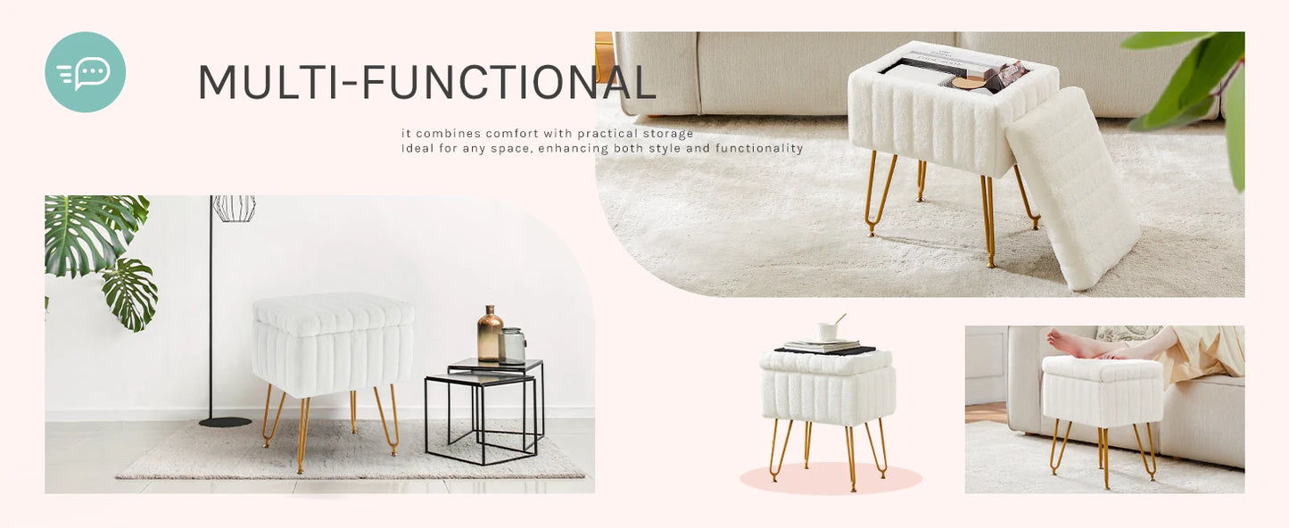 IComfyHome Faux Fur Living Room Hidden Storage Stools & Ottomans Padded Makeup with 4 Metal Legs Anti-Slip Adjustable Feet for Home