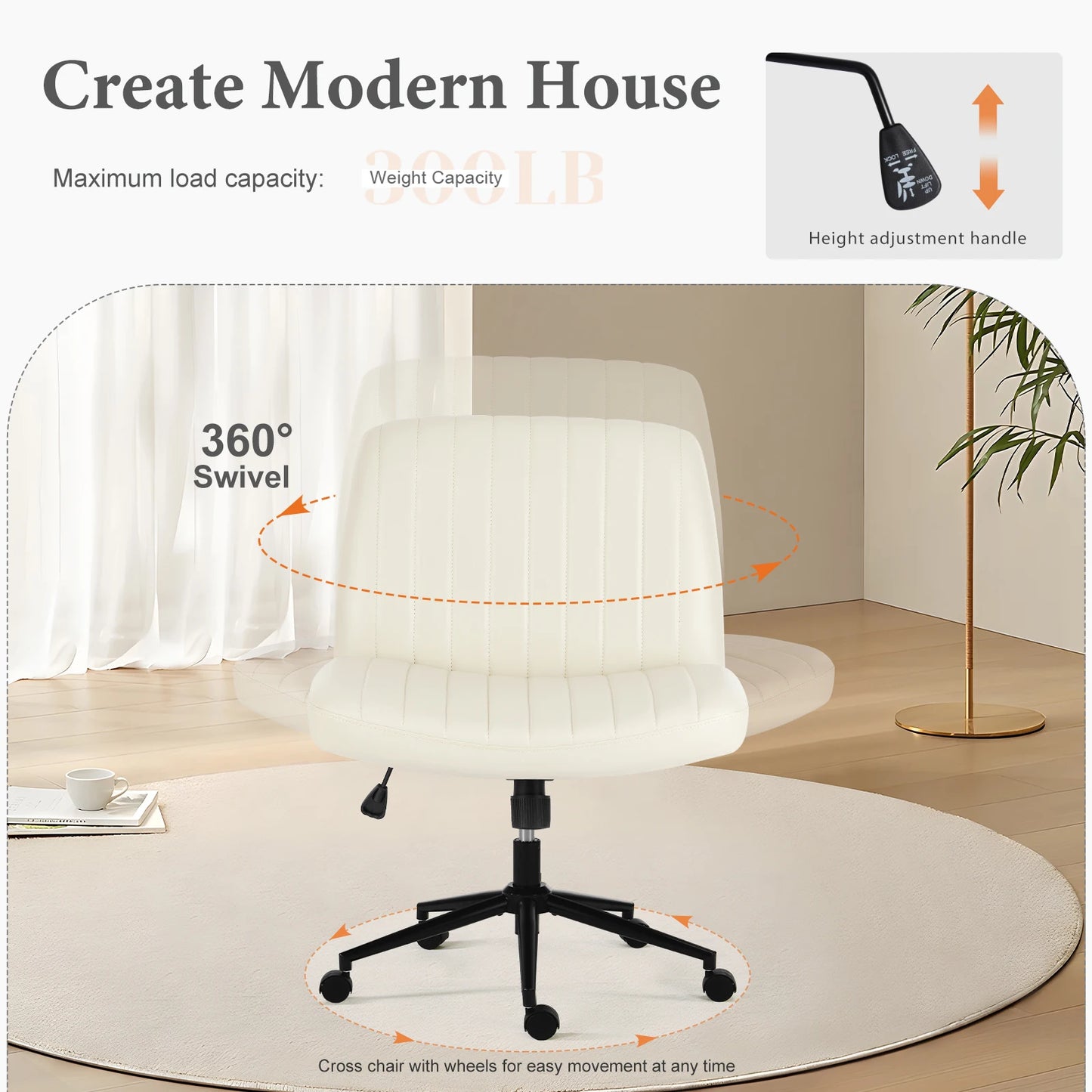 IComfyHome Armless Cross Office Chairs with Wheels PU Leather Swivel Living Room Desk Chair Height Adjustable Support Seat Furniture