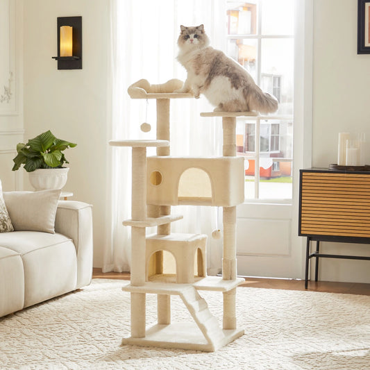 IComfyHome 54in Tall Multi-Level Cat Tree Tower for Indoor Pet Furniture Stable Kitty Play House with Sisal Scratching Post for Home