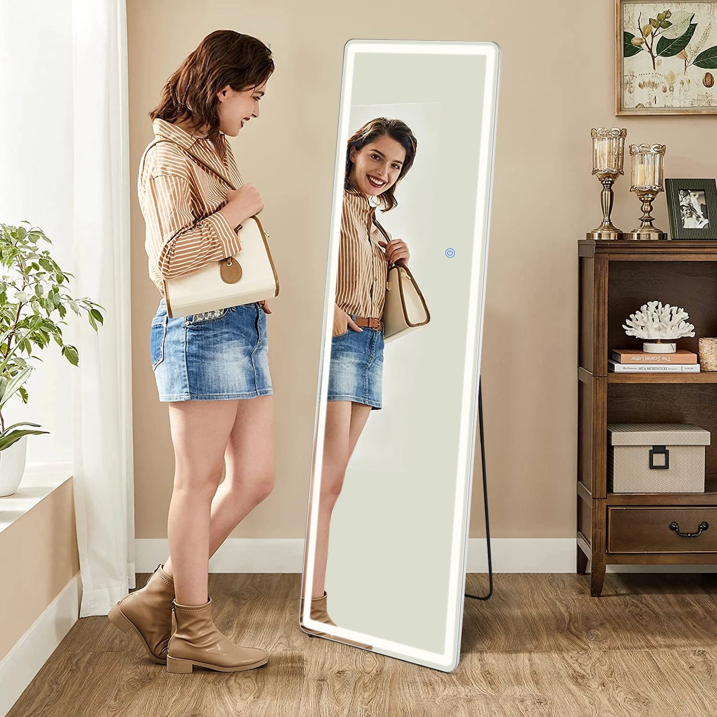 IComfyHome Led 64"x21" Full Length Mirror Standing Hanging or Wall-Mounted Mirrors with Stand Aluminum Alloy Frame For Living Room