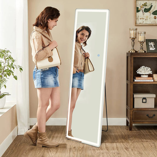 IComfyHome Led 64"x21" Full Length Mirror Standing Hanging or Wall-Mounted Mirrors with Stand Aluminum Alloy Frame For Living Room