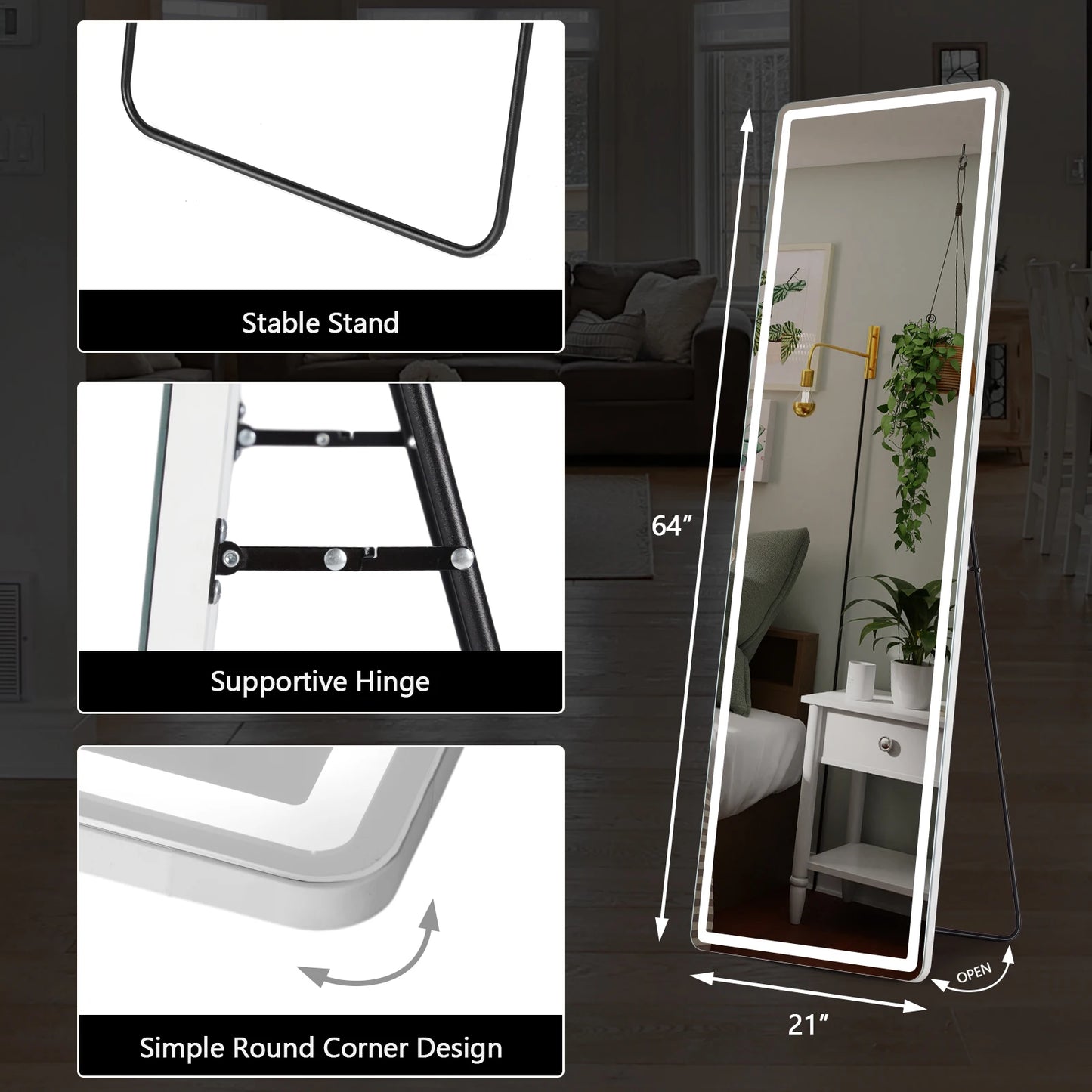 IComfyHome Led 64"x21" Full Length Mirror Standing Hanging or Wall-Mounted Mirrors with Stand Aluminum Alloy Frame For Living Room