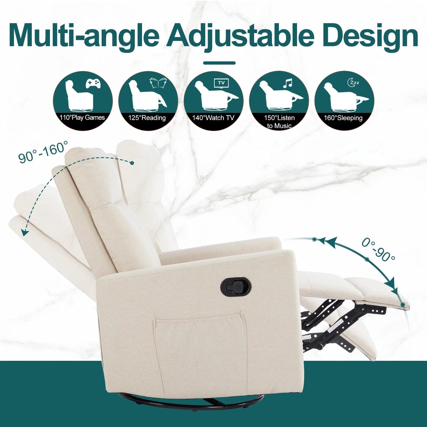 IComfyHome Rotating Rocking Chair Recliner With Oversized Foot Swivel Rocking Rocker Recliner Glider Nursery Chair for Living Room