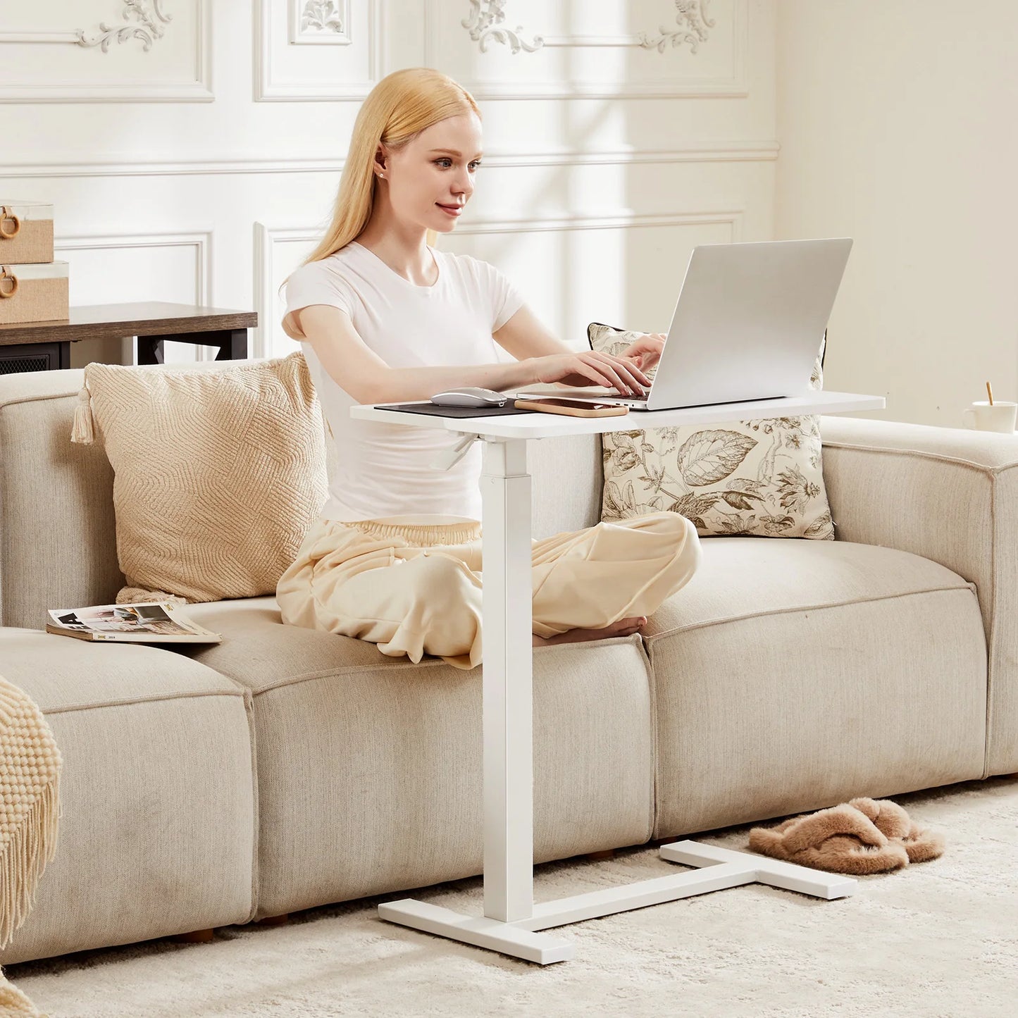 IComfyHome Overbed Bedside Sofa Table with Hidden Wheels Adjustable Height Home Use Bed Table Laptop Mobile Standing Desk For Bedroom