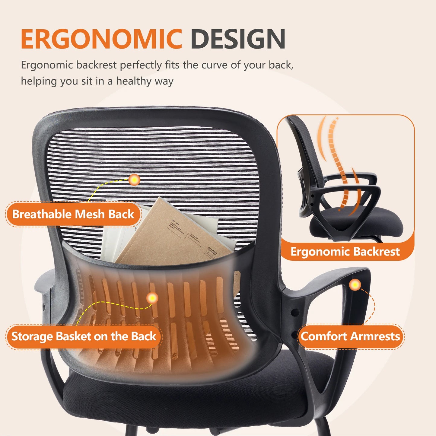 IComfyHome Ergonomic Office Chair No Wheels with Comfy Armrest and Mesh Lumbar Support Back Basket Design for Guest Reception