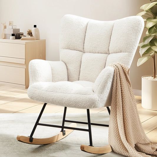 IComfyHome Teddy Fabric Upholstered Glider With High Backrest Padded Seat Accent Recliner Cushion Rocker Armchair Bedroom Furniture