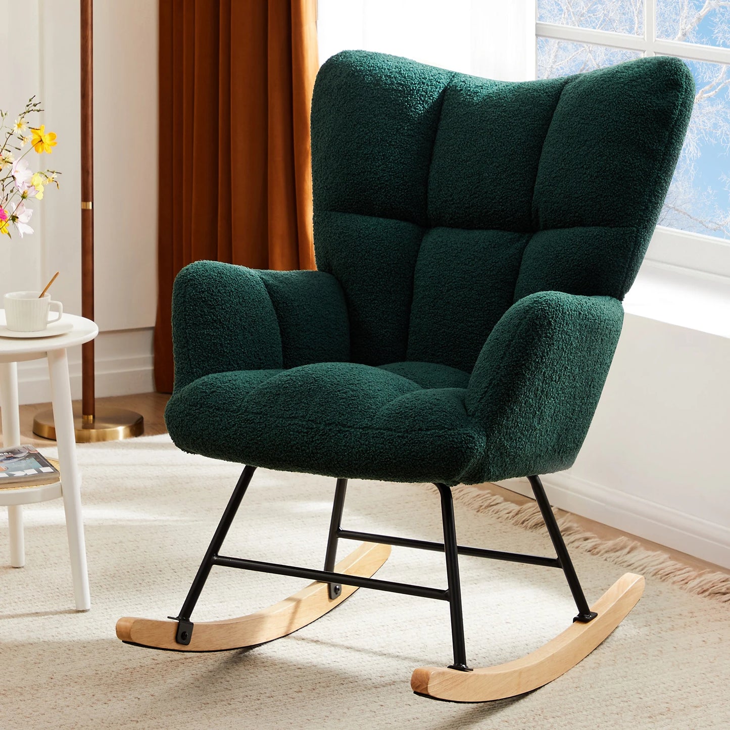 IComfyHome Teddy Fabric Upholstered Glider With High Backrest Padded Seat Accent Recliner Cushion Rocker Armchair Bedroom Furniture