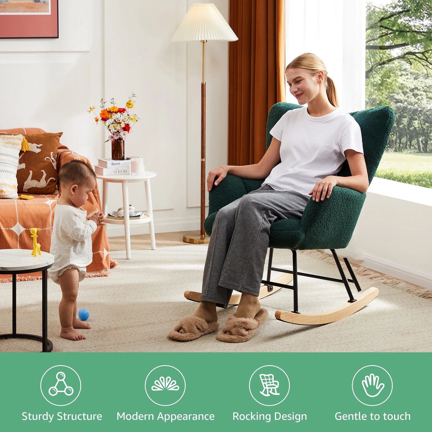 IComfyHome Teddy Fabric Upholstered Glider With High Backrest Padded Seat Accent Recliner Cushion Rocker Armchair Bedroom Furniture