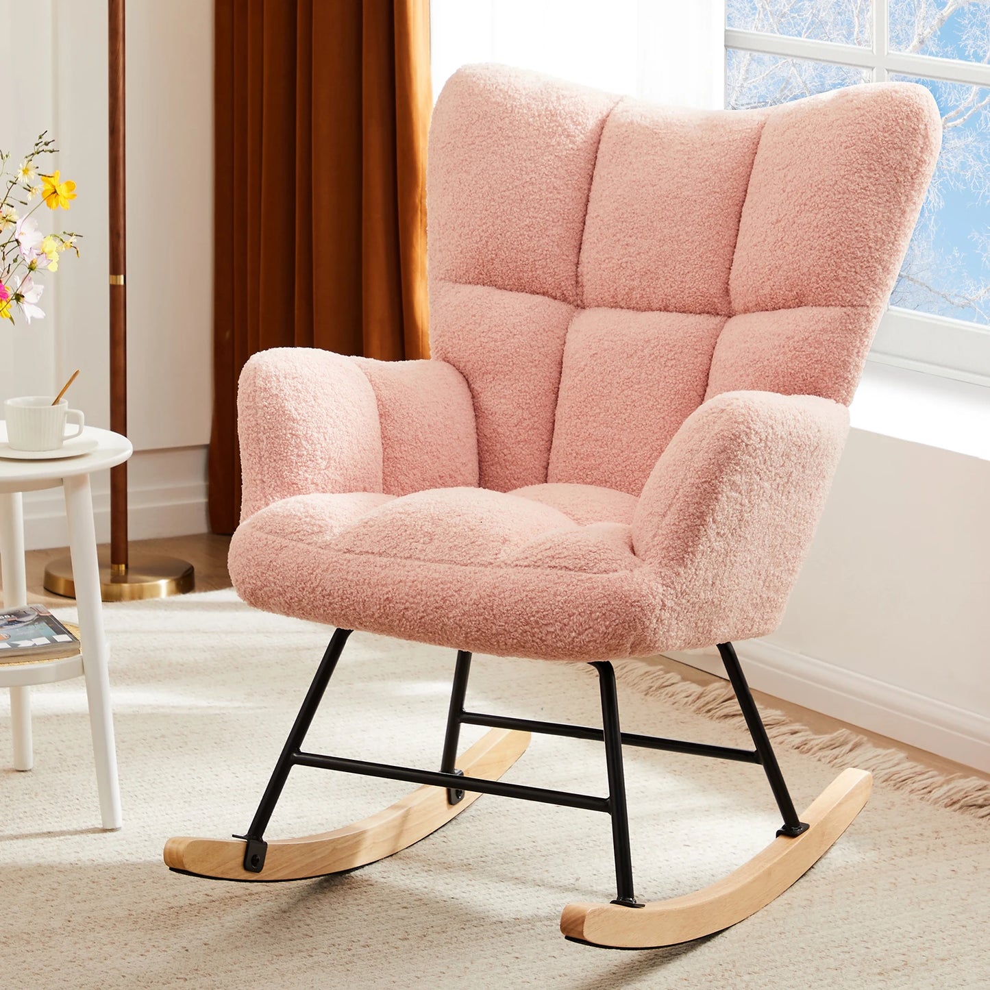 IComfyHome Teddy Fabric Upholstered Glider With High Backrest Padded Seat Accent Recliner Cushion Rocker Armchair Bedroom Furniture
