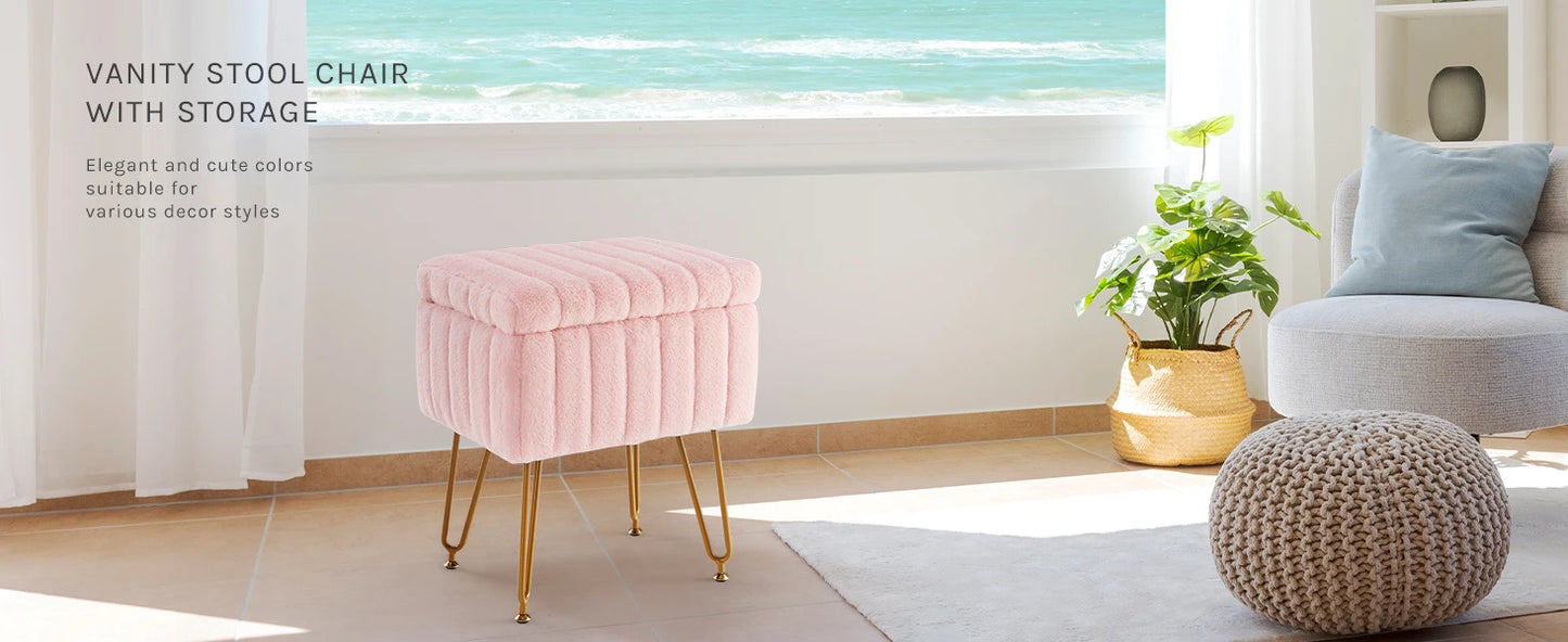 IComfyHome Faux Fur Living Room Hidden Storage Stools & Ottomans Padded Makeup with 4 Metal Legs Anti-Slip Adjustable Feet for Home