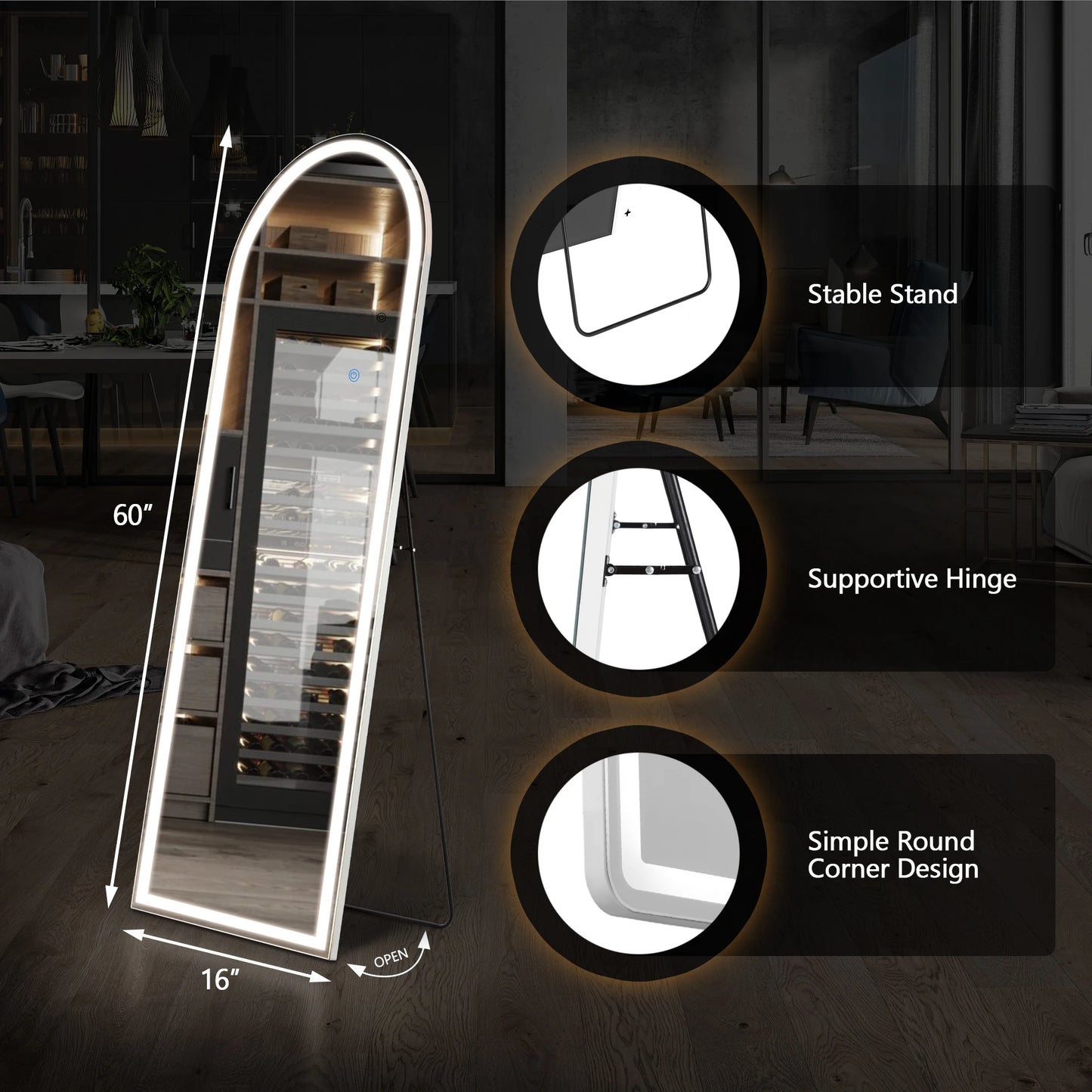 IComfyHome 60"x16" Led Dimming Full Length Mirror 3 Color Lighting Aluminum Alloy Frame Standing Hanging Floor Mirrors For Living Room