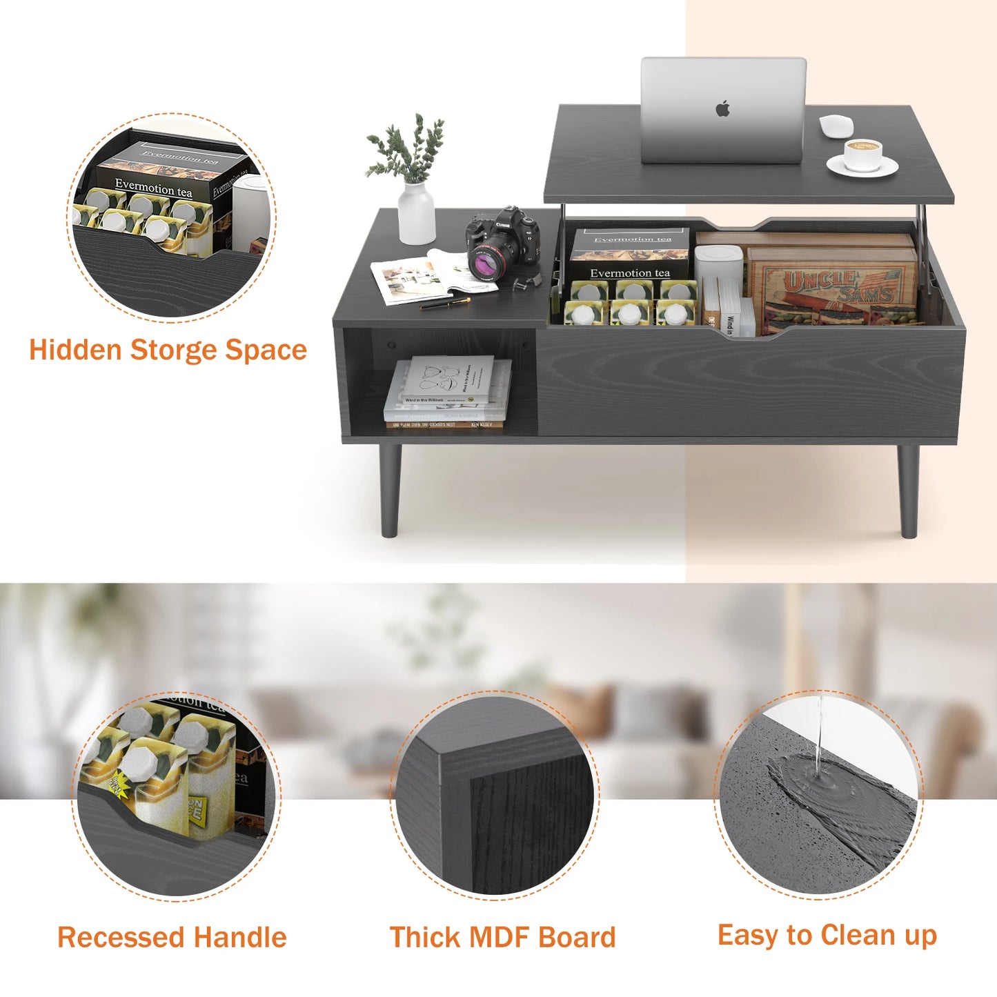 IComfyHome Lift Top Coffee Tables For Living Room 39.37"x19.7" Desk Tea Wood Dining Tables Adjustable Storage Shelf Easy Lift Or Lower