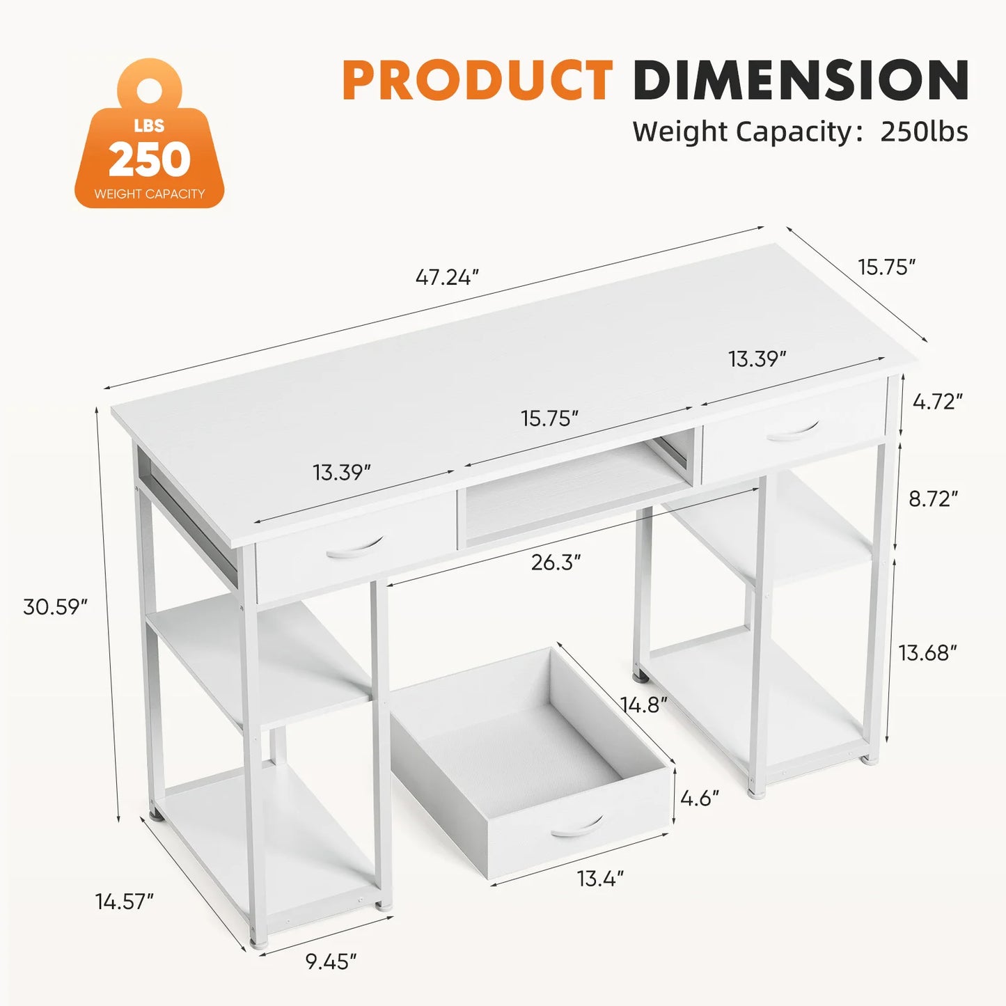IComfyHome 48 Inch Double Deck Shelving Office Computer Desk with Pull-out Fabric Storage Drawers Metal Frame Adjustable Feet Table 