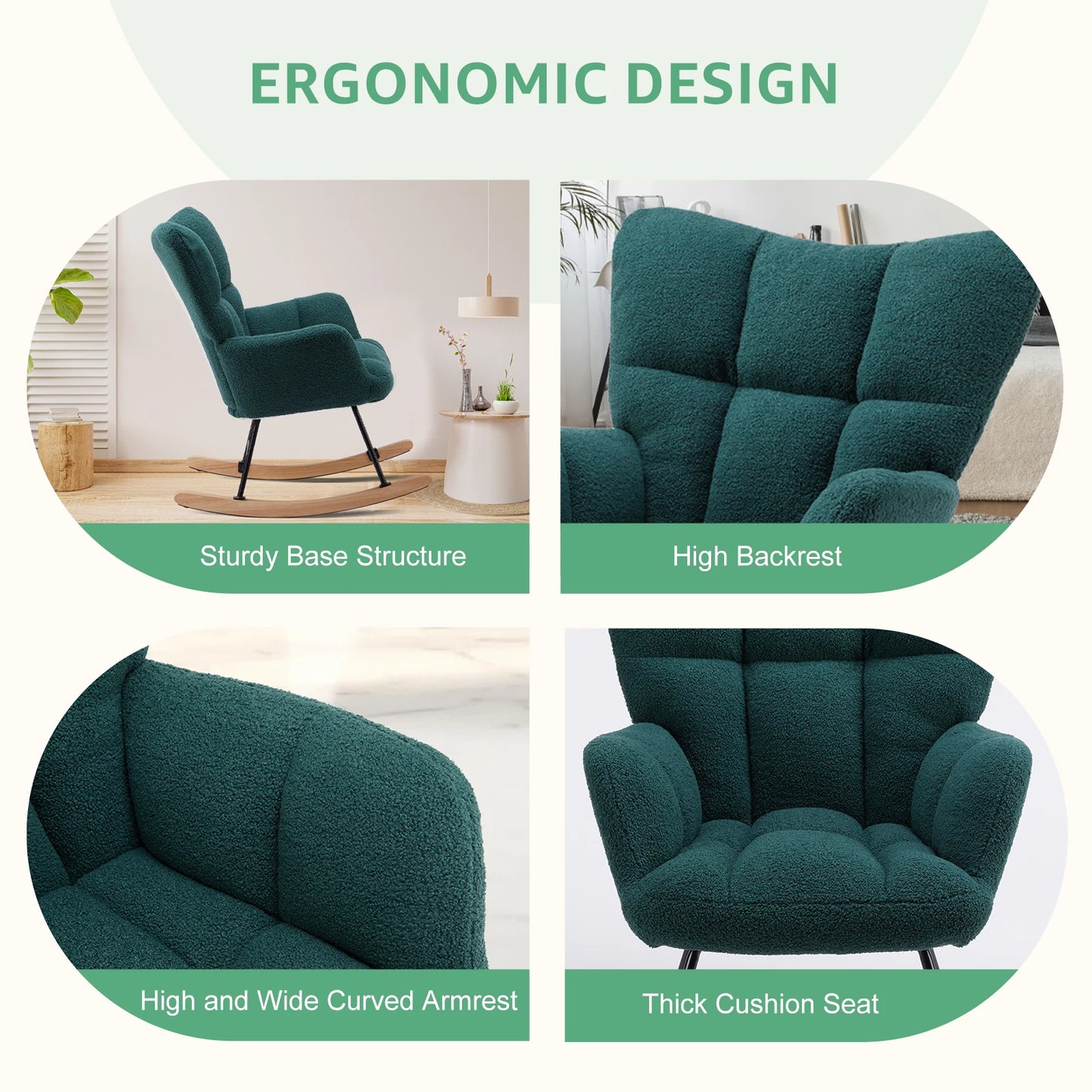 IComfyHome Teddy Fabric Upholstered Glider With High Backrest Padded Seat Accent Recliner Cushion Rocker Armchair Bedroom Furniture