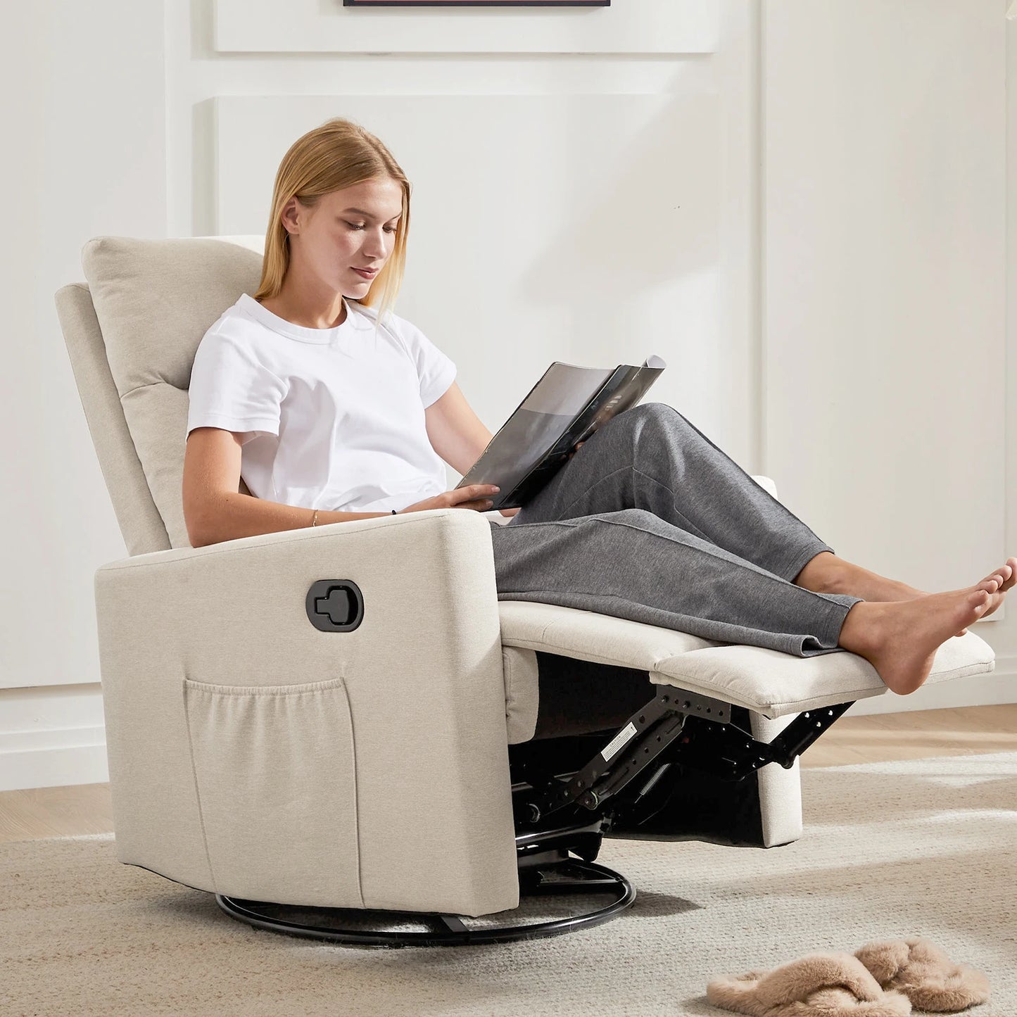 IComfyHome Rotating Rocking Chair Recliner With Oversized Foot Swivel Rocking Rocker Recliner Glider Nursery Chair for Living Room