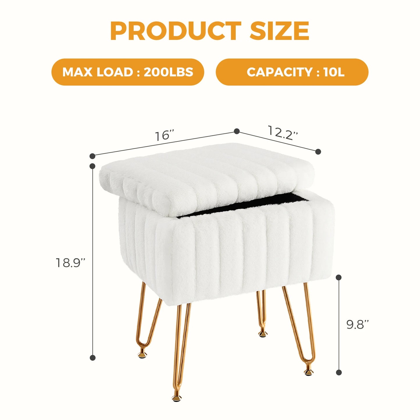 IComfyHome Faux Fur Living Room Hidden Storage Stools & Ottomans Padded Makeup with 4 Metal Legs Anti-Slip Adjustable Feet for Home
