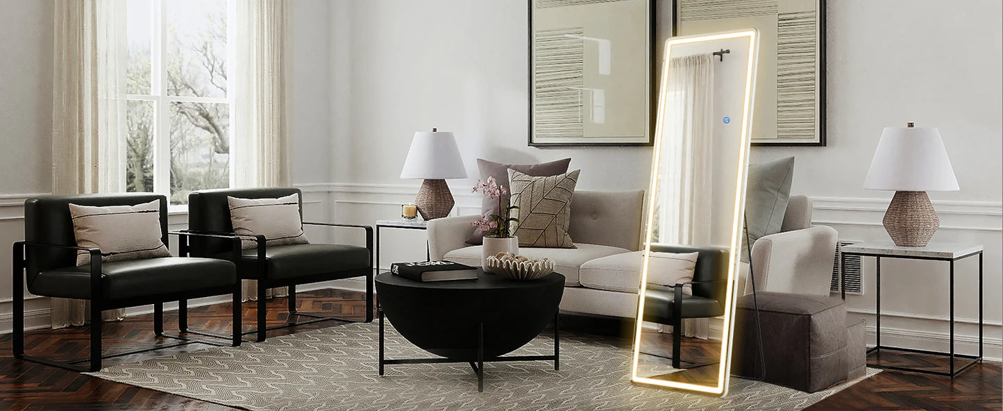 IComfyHome 60"x16" Led Dimming Full Length Mirror 3 Color Lighting Aluminum Alloy Frame Standing Hanging Floor Mirrors For Living Room