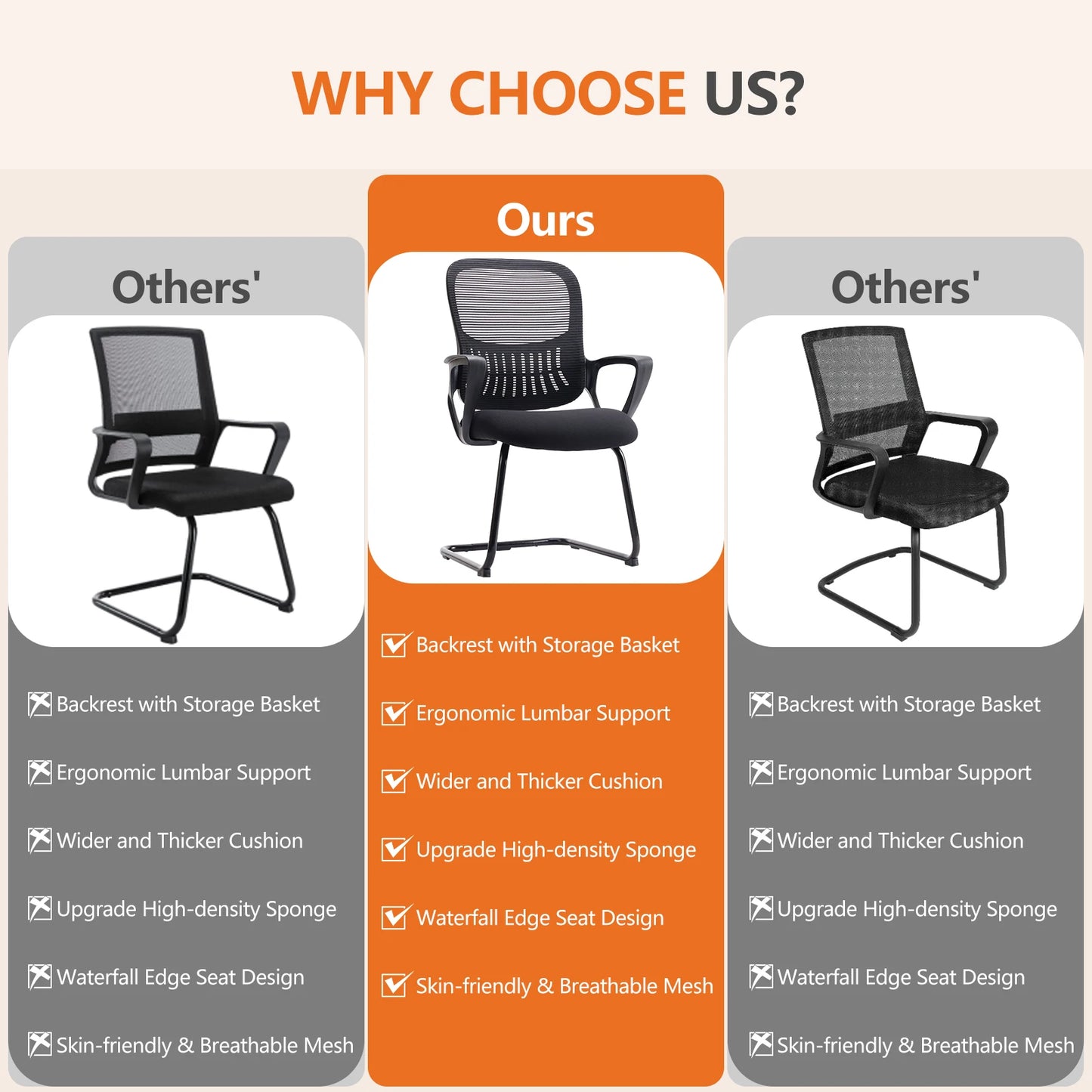 IComfyHome Ergonomic Office Chair No Wheels with Comfy Armrest and Mesh Lumbar Support Back Basket Design for Guest Reception
