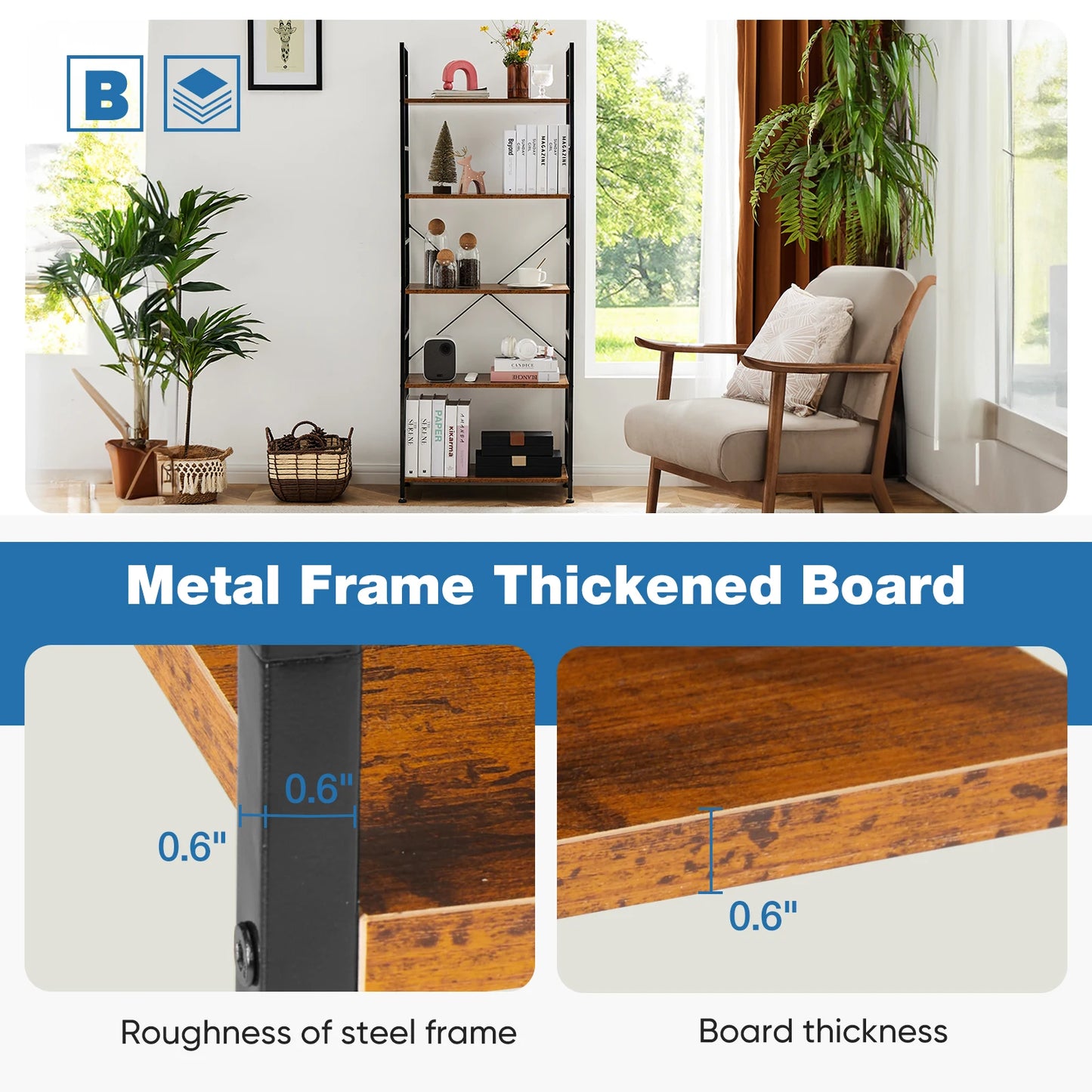 IComfyHome 5 Tier Bookcase Bookshelf Modern Book Case For Books Corner Storage Organizer for Bedroom Home Office Kitchen Living Room