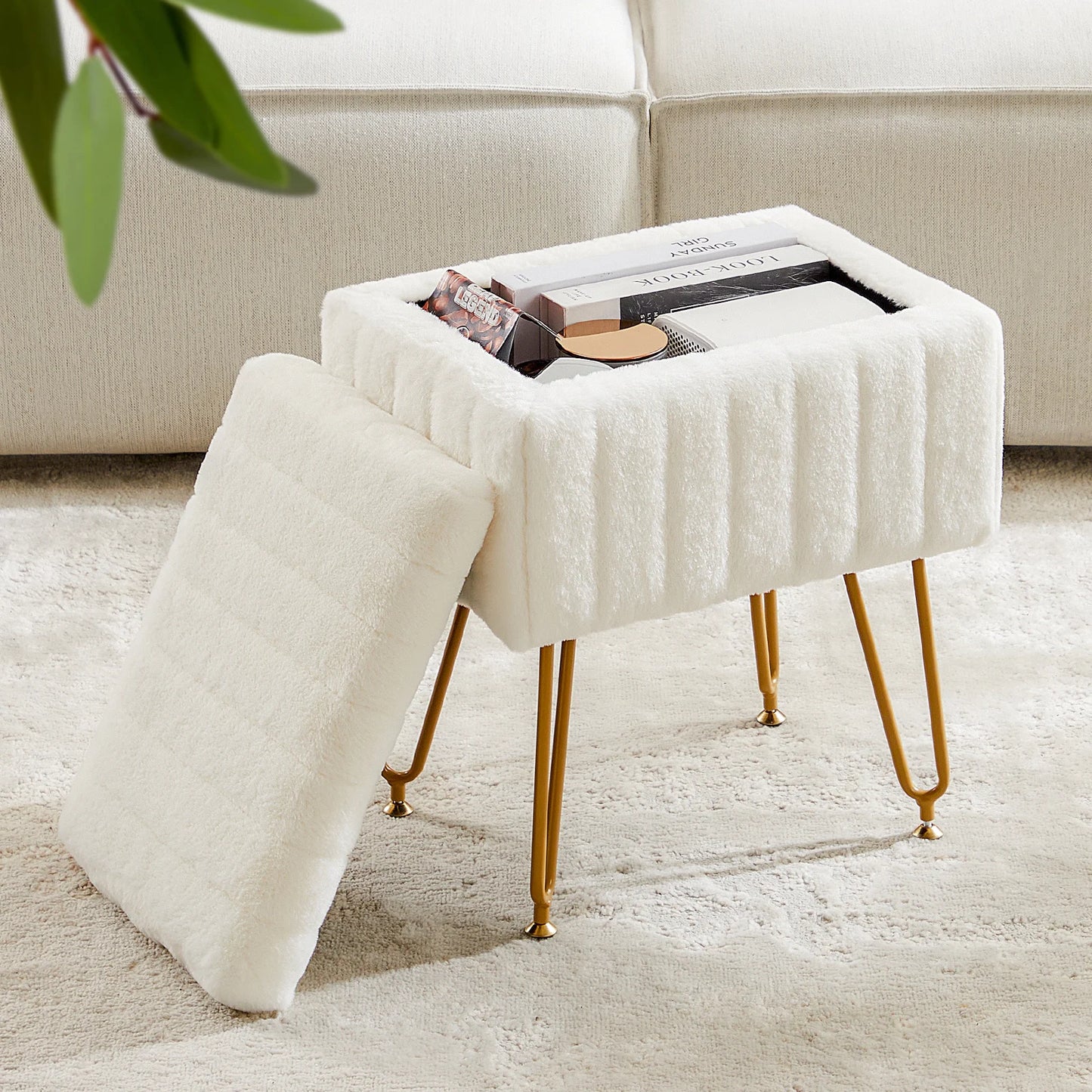 IComfyHome Faux Fur Living Room Hidden Storage Stools & Ottomans Padded Makeup with 4 Metal Legs Anti-Slip Adjustable Feet for Home