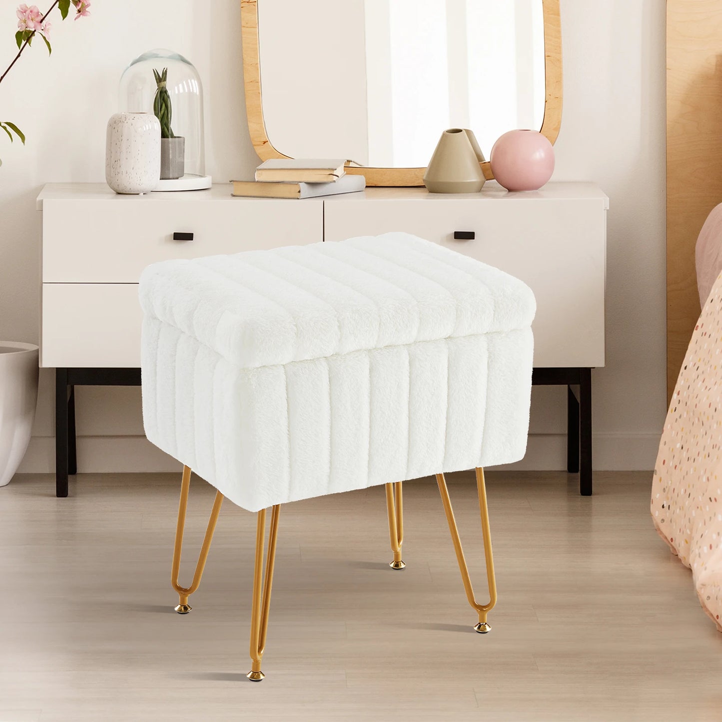 IComfyHome Faux Fur Living Room Hidden Storage Stools & Ottomans Padded Makeup with 4 Metal Legs Anti-Slip Adjustable Feet for Home