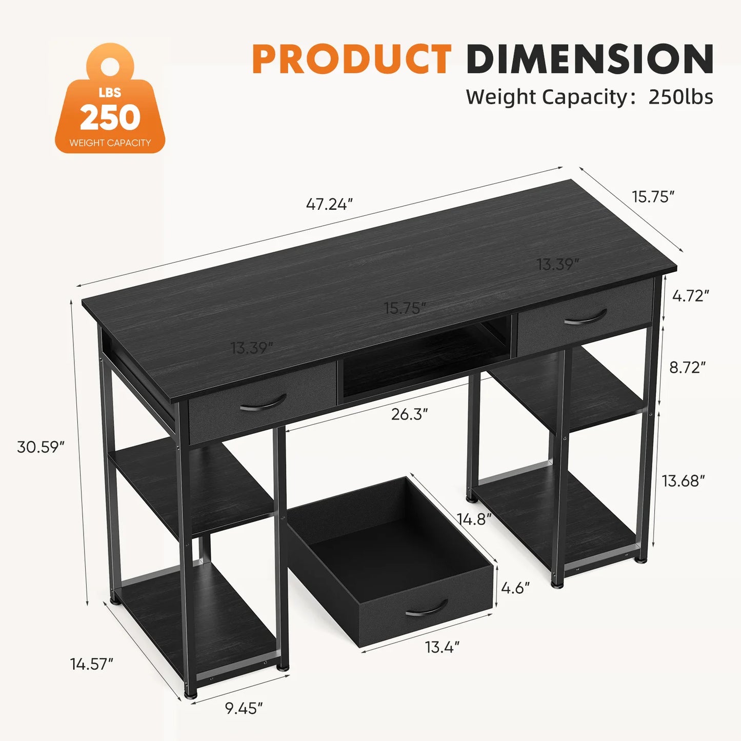 IComfyHome 48 Inch Double Deck Shelving Office Computer Desk with Pull-out Fabric Storage Drawers Metal Frame Adjustable Feet Table 