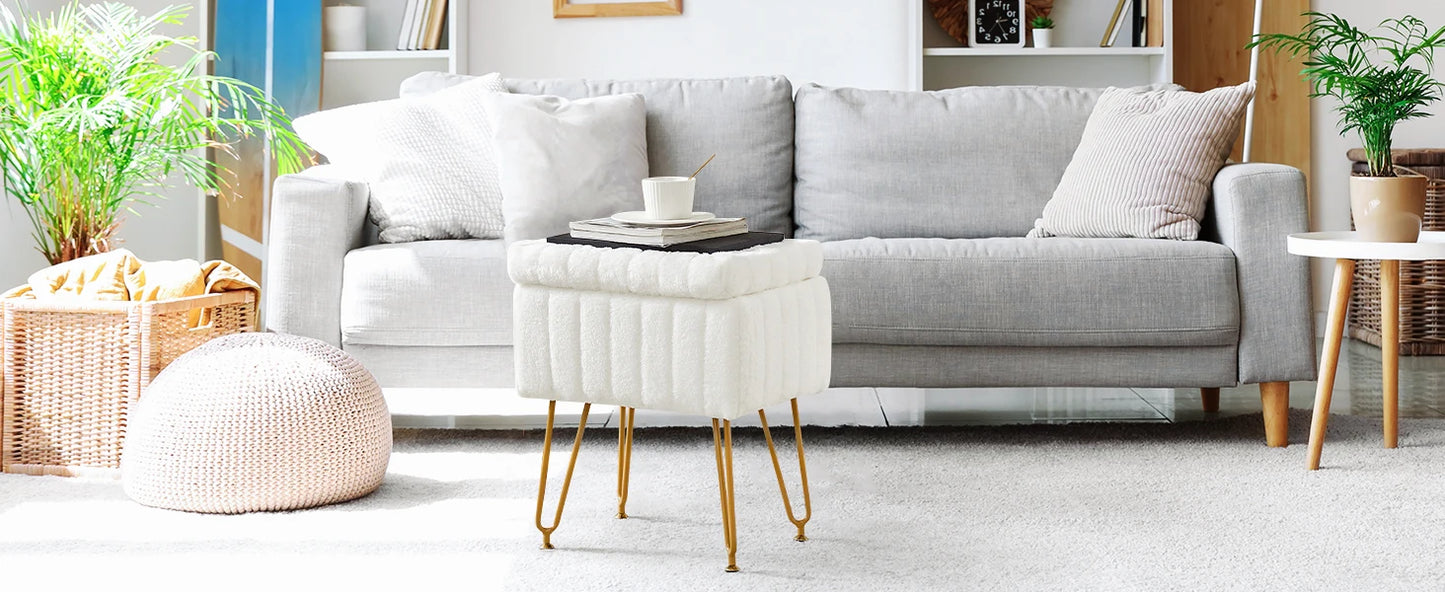 IComfyHome Faux Fur Living Room Hidden Storage Stools & Ottomans Padded Makeup with 4 Metal Legs Anti-Slip Adjustable Feet for Home