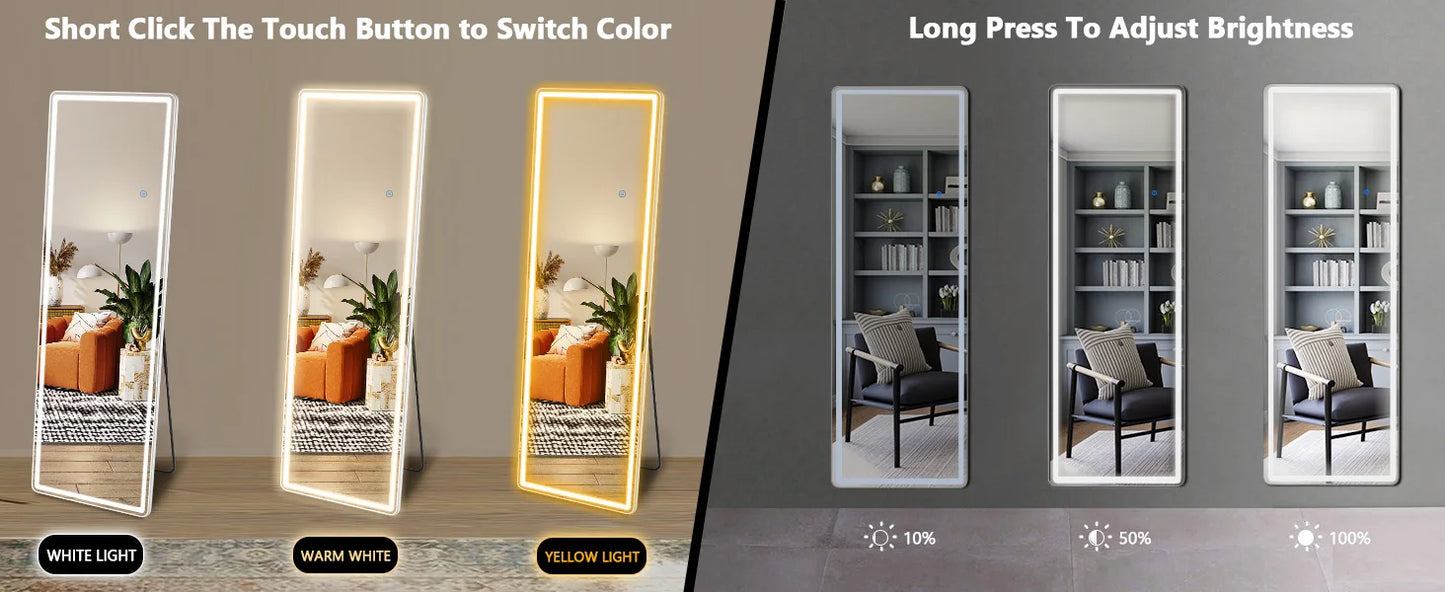 IComfyHome Led 64"x21" Full Length Mirror Standing Hanging or Wall-Mounted Mirrors with Stand Aluminum Alloy Frame For Living Room