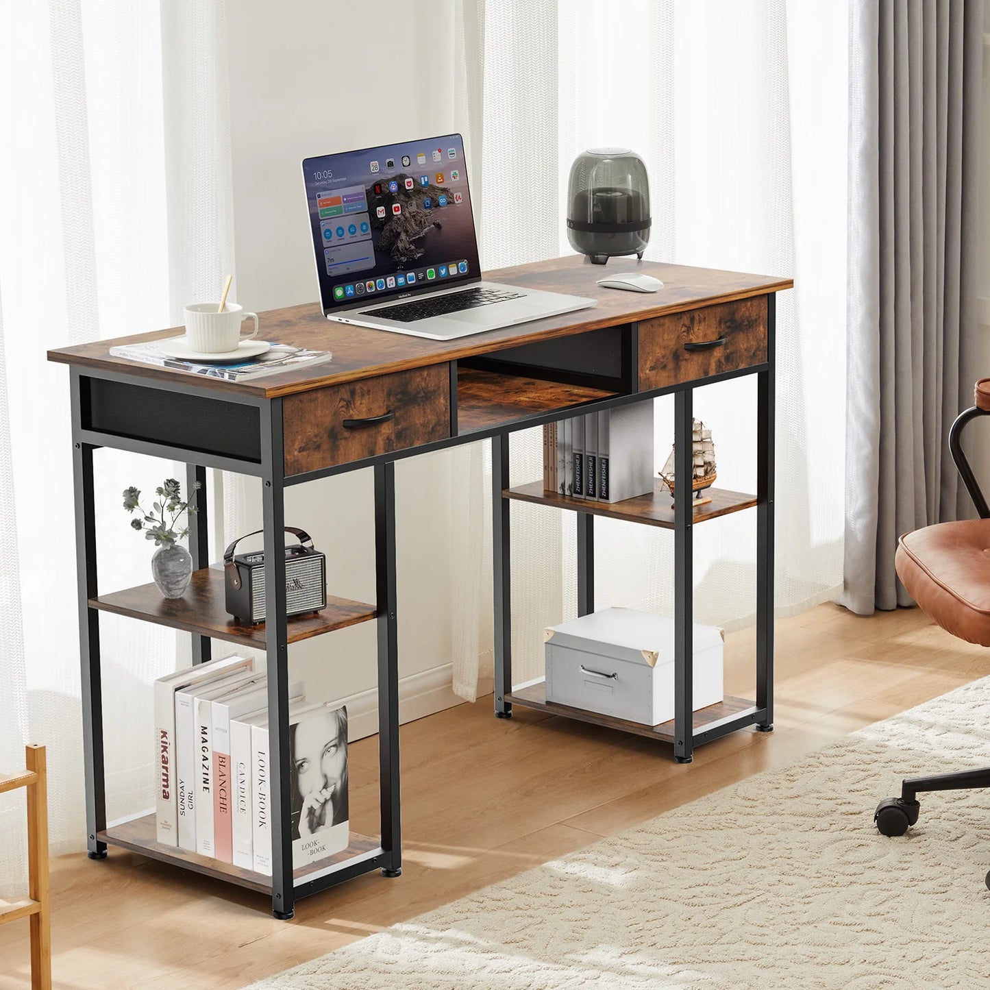 IComfyHome 48 Inch Double Deck Shelving Office Computer Desk with Pull-out Fabric Storage Drawers Metal Frame Adjustable Feet Table 