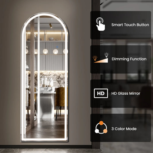 IComfyHome 60"x16" Led Dimming Full Length Mirror 3 Color Lighting Aluminum Alloy Frame Standing Hanging Floor Mirrors For Living Room