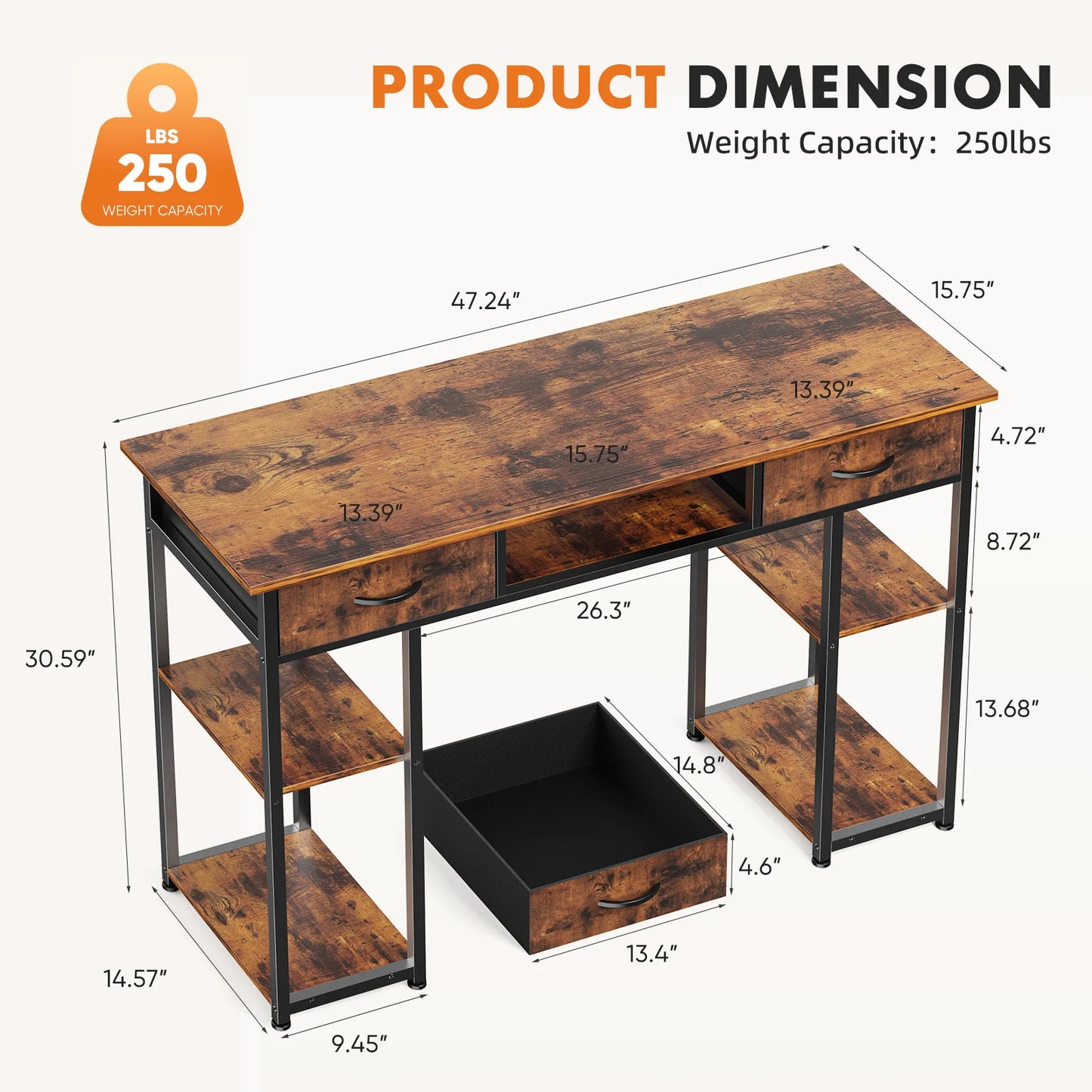 IComfyHome 48 Inch Double Deck Shelving Office Computer Desk with Pull-out Fabric Storage Drawers Metal Frame Adjustable Feet Table 