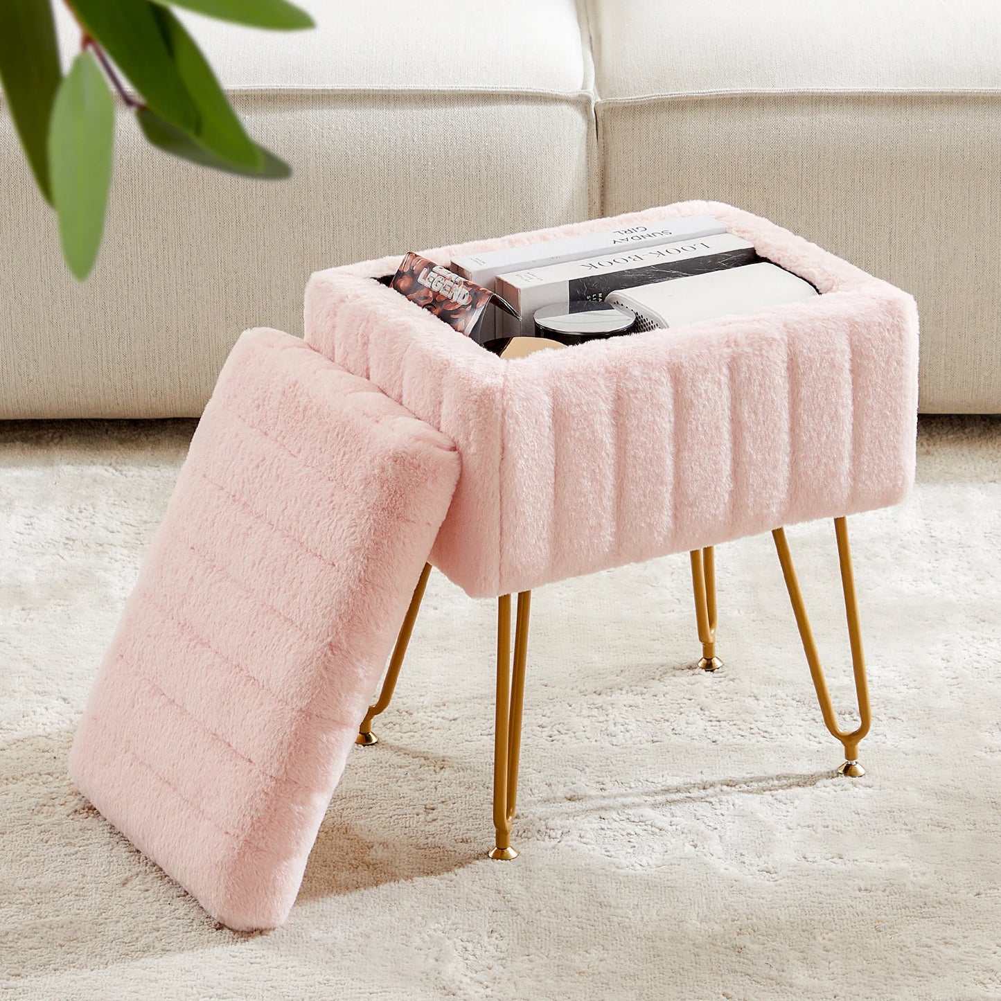 IComfyHome Faux Fur Living Room Hidden Storage Stools & Ottomans Padded Makeup with 4 Metal Legs Anti-Slip Adjustable Feet for Home