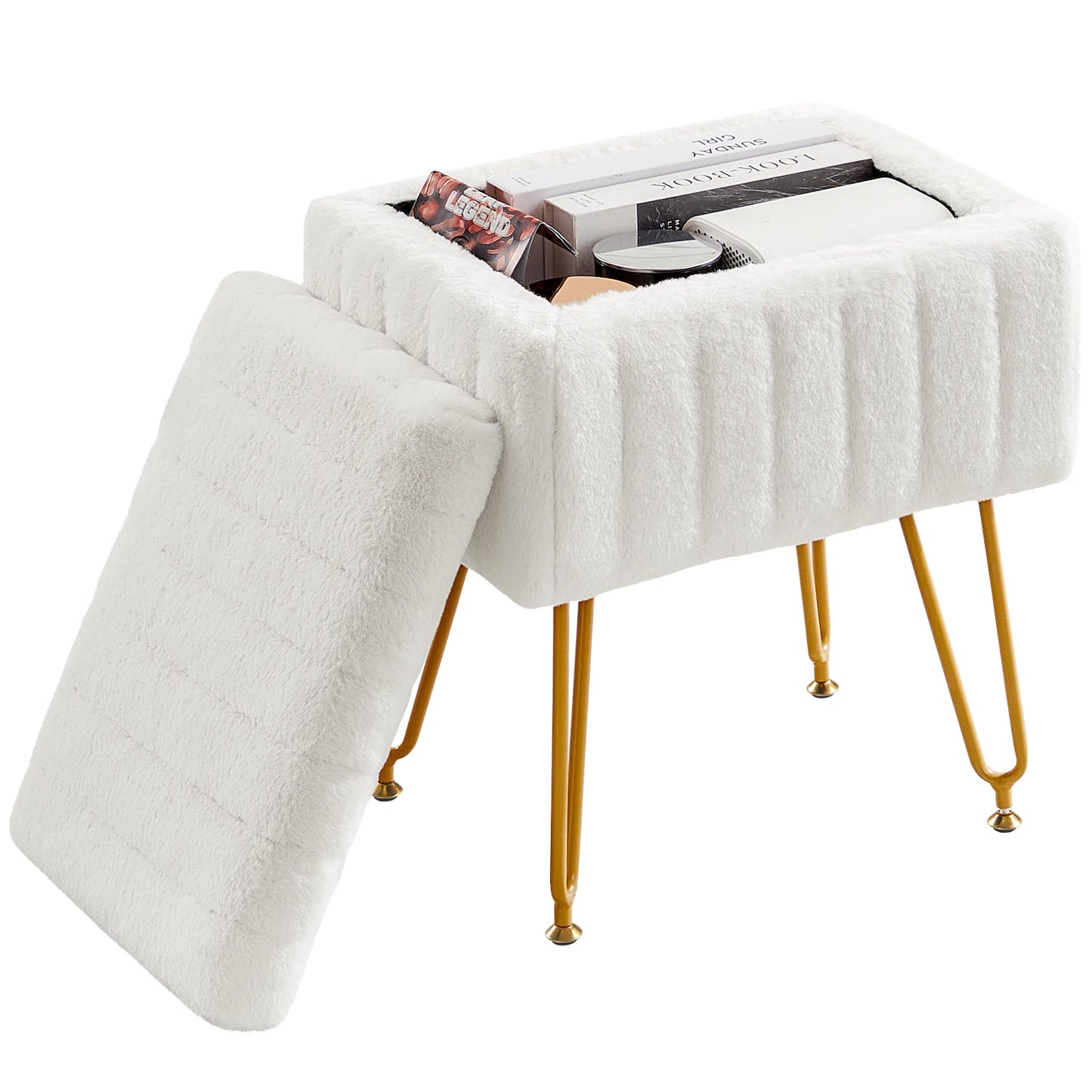 IComfyHome Faux Fur Living Room Hidden Storage Stools & Ottomans Padded Makeup with 4 Metal Legs Anti-Slip Adjustable Feet for Home