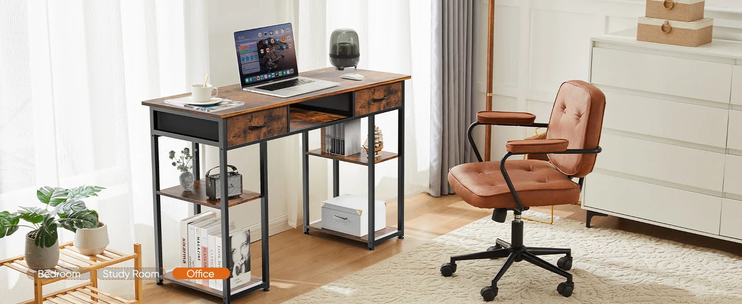 IComfyHome 48 Inch Double Deck Shelving Office Computer Desk with Pull-out Fabric Storage Drawers Metal Frame Adjustable Feet Table 