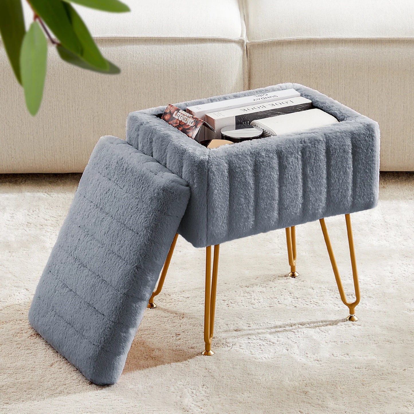 IComfyHome Faux Fur Living Room Hidden Storage Stools & Ottomans Padded Makeup with 4 Metal Legs Anti-Slip Adjustable Feet for Home