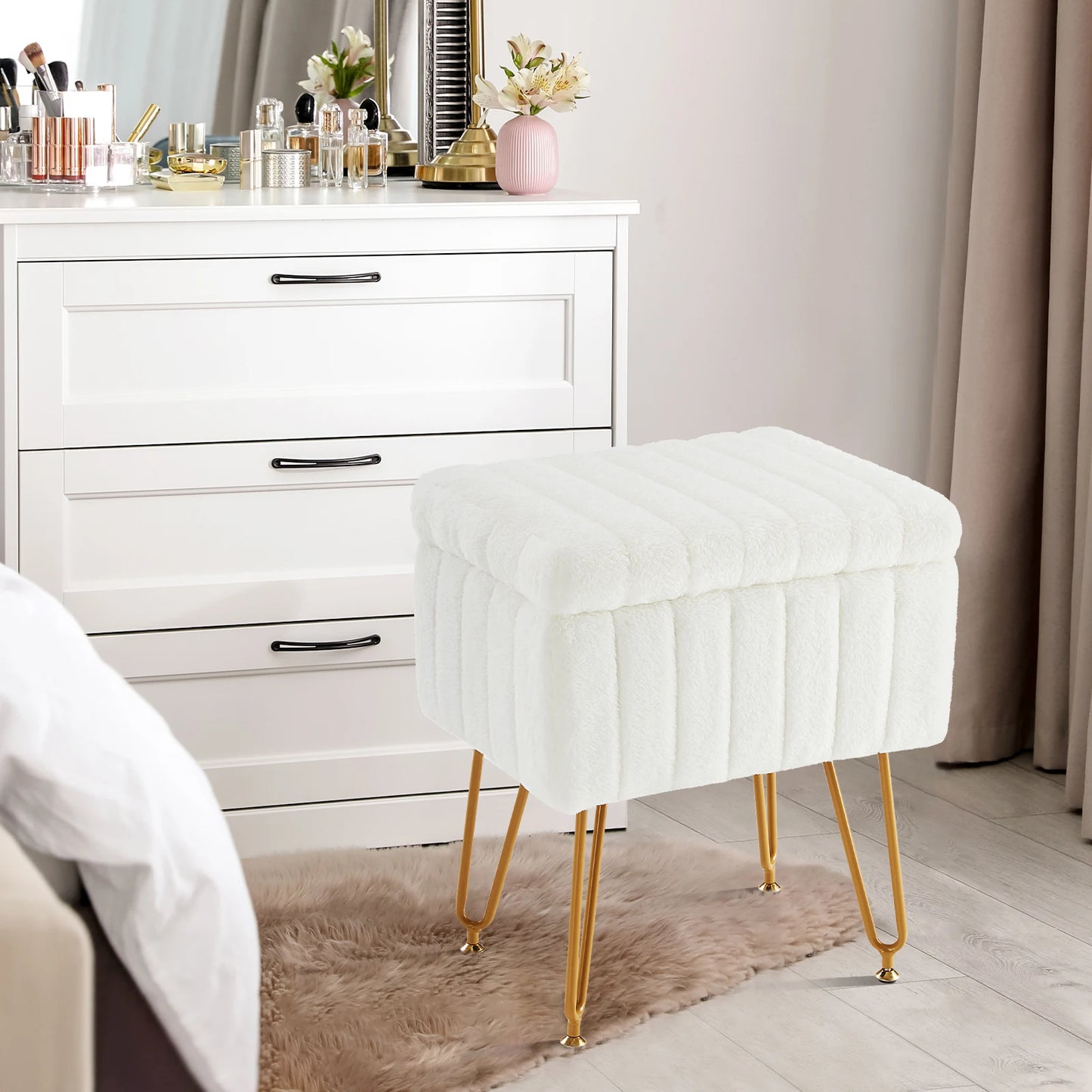 IComfyHome Faux Fur Living Room Hidden Storage Stools & Ottomans Padded Makeup with 4 Metal Legs Anti-Slip Adjustable Feet for Home