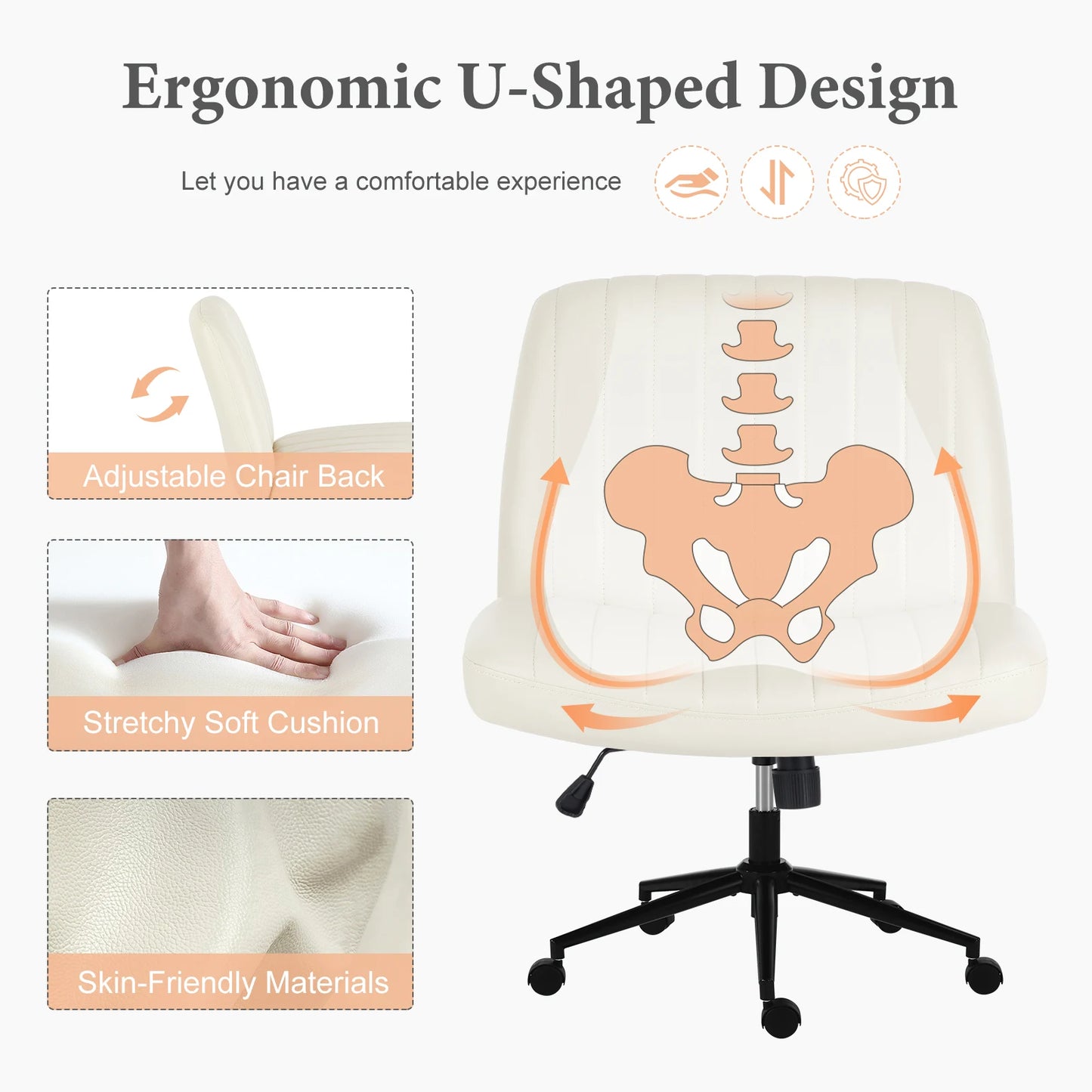 IComfyHome Armless Cross Office Chairs with Wheels PU Leather Swivel Living Room Desk Chair Height Adjustable Support Seat Furniture