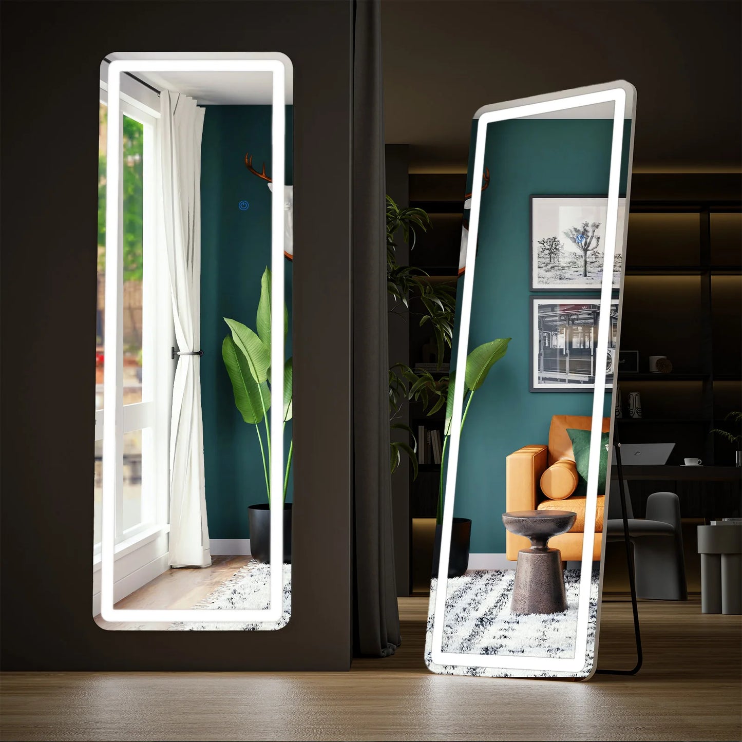IComfyHome Led 64"x21" Full Length Mirror Standing Hanging or Wall-Mounted Mirrors with Stand Aluminum Alloy Frame For Living Room